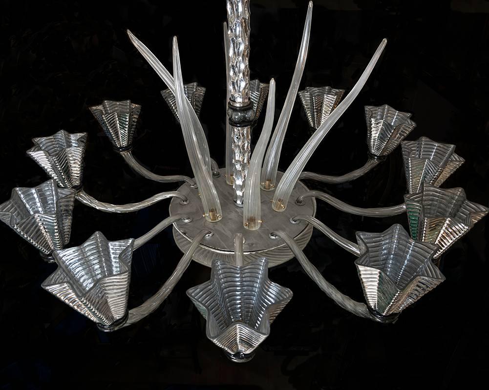 Murano Glass Mirrored Murano Chandelier 12 Arms, Clear Glass Horns, 1950s