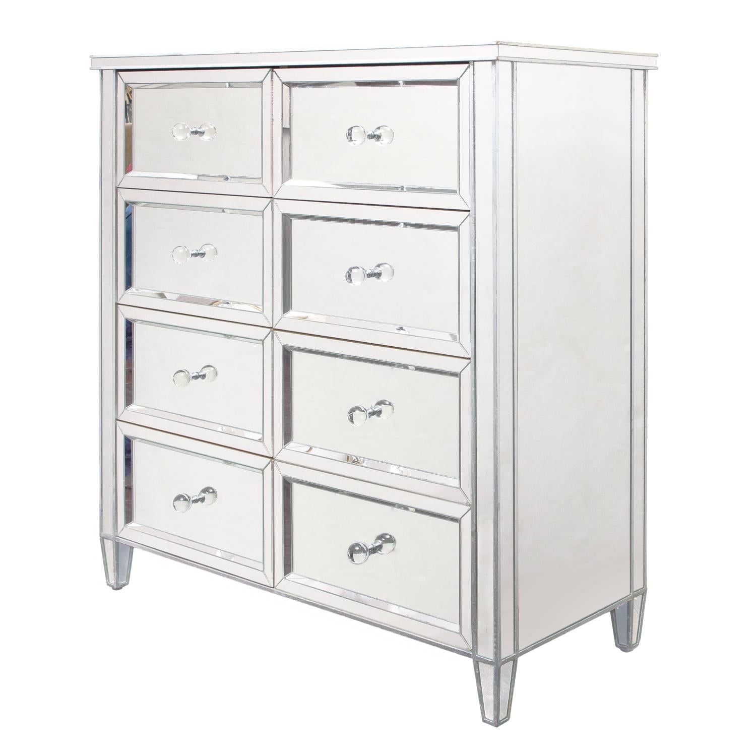 Chic mirrored 8-drawer highboy dresser with painted silver trim and crystal ball knobs. All drawers are 17.5