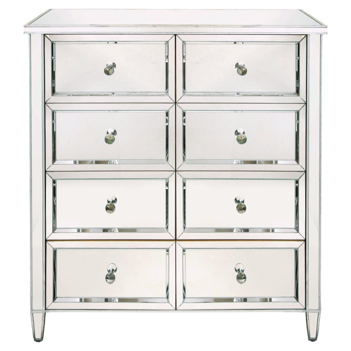 Mirrored Neoclassical Style Highboy Dresser with Silver Trim For Sale