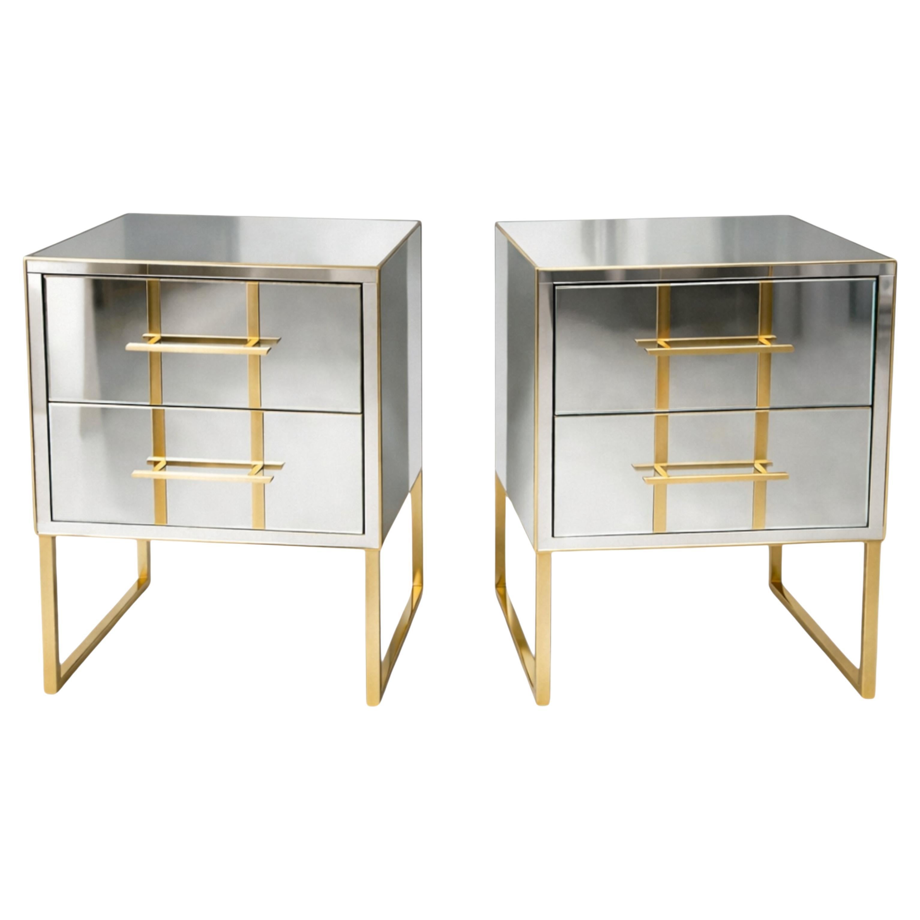 Mirrored Nightstands with Solid Brass Sled Base, Pair, 2026