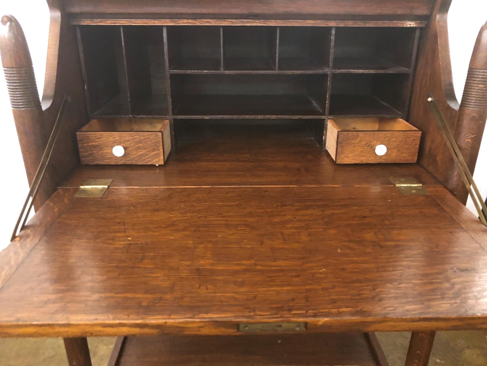 Mirrored Oak Secretary Desk w/ Drawers & Cabinet Space, Early 1900s 5