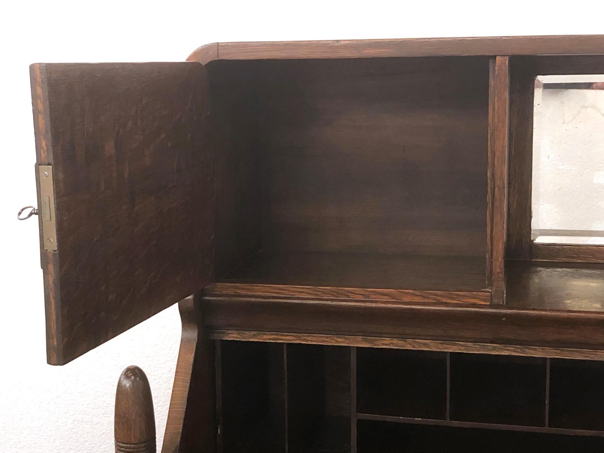 Mirrored Oak Secretary Desk w/ Drawers & Cabinet Space, Early 1900s 8