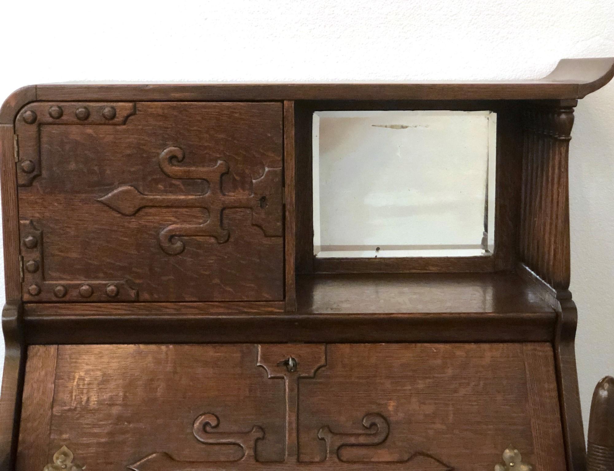 Mirrored Oak Secretary Desk w/ Drawers & Cabinet Space, Early 1900s 3