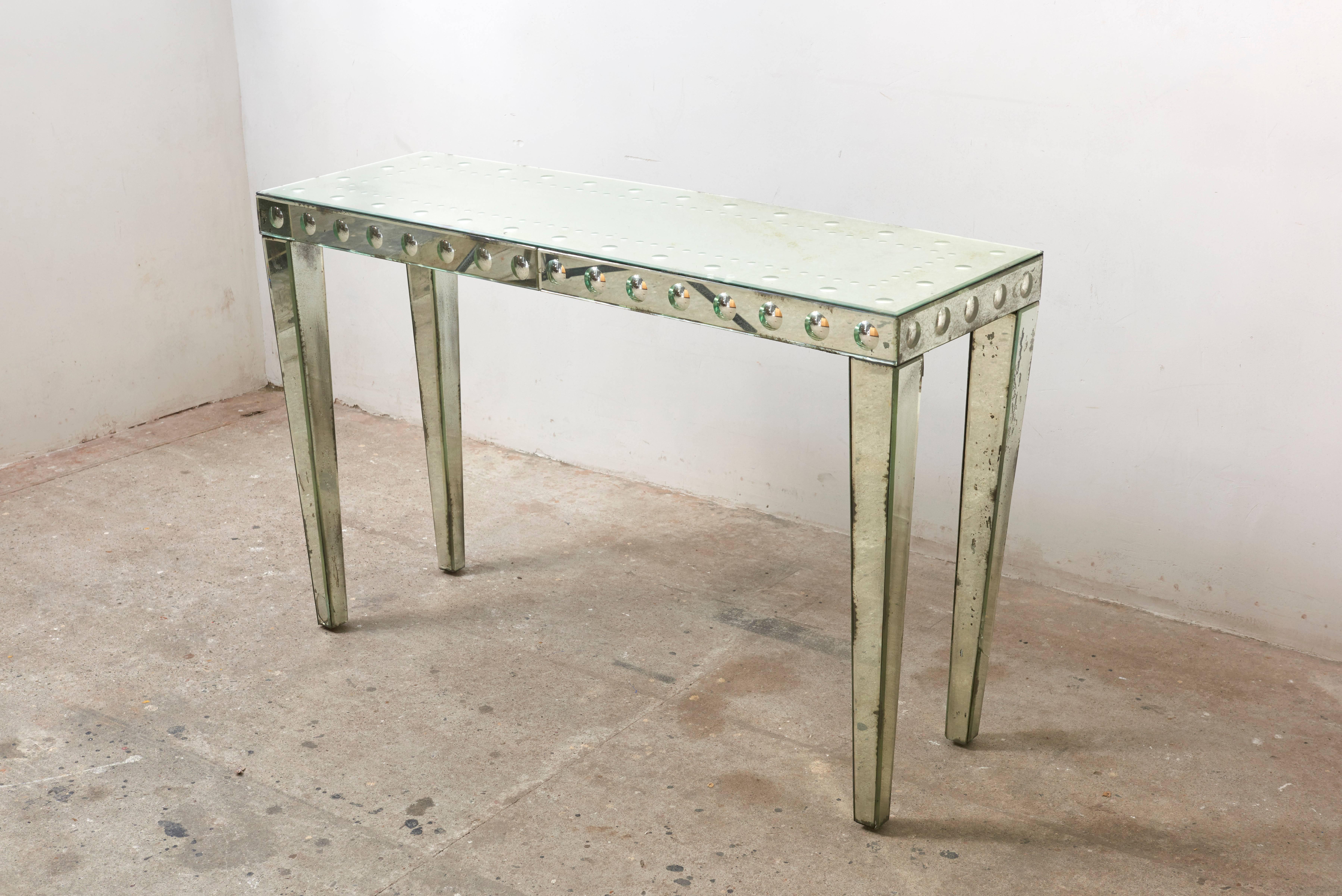 French Mirrored Optical Faceted Glass Hollywood Regency Console, End-Table, 1950s