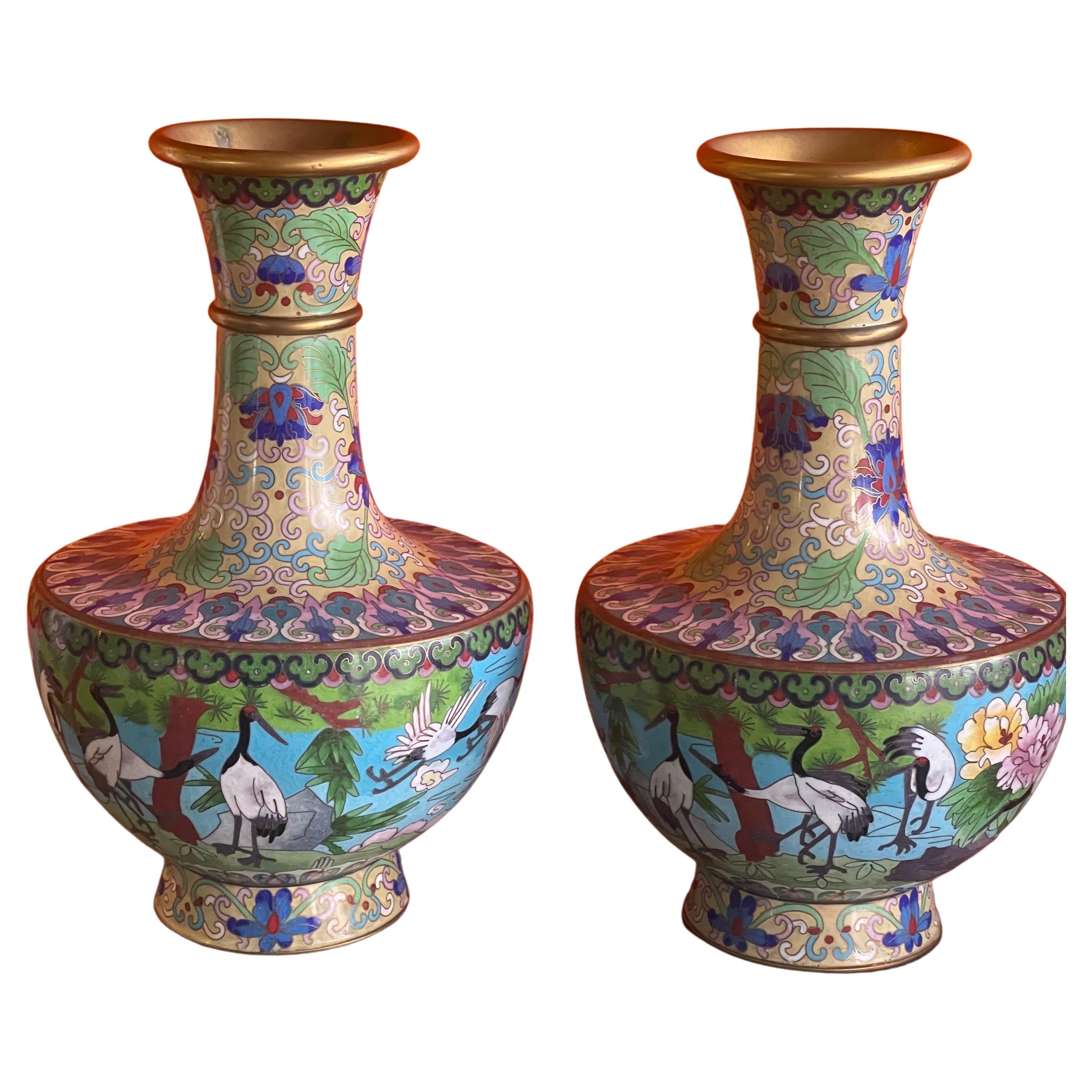 Mirrored Pair of Chinese Cloisonne Vases with Crane Motif 5