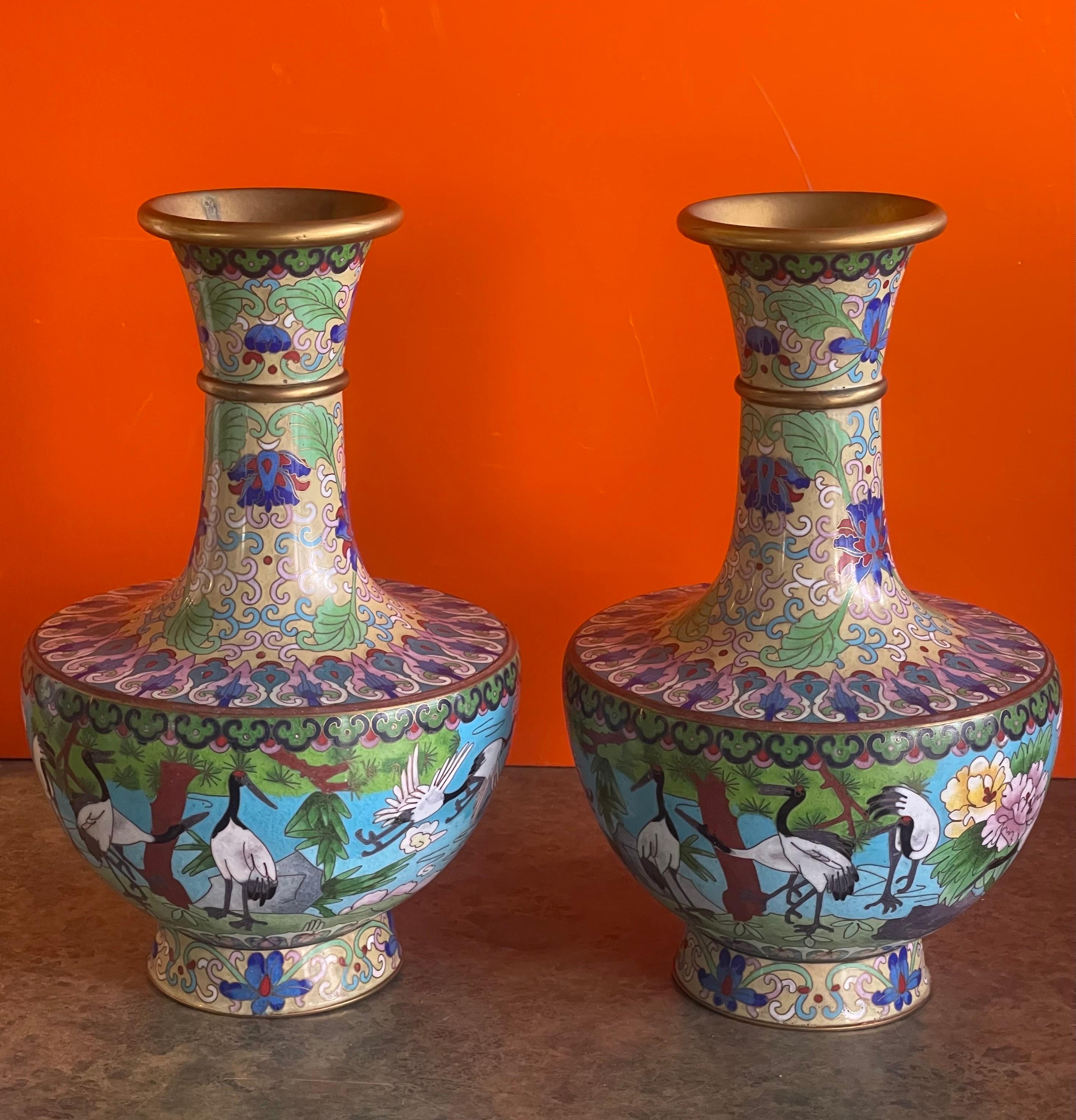 Cloissoné Mirrored Pair of Chinese Cloisonne Vases with Crane Motif