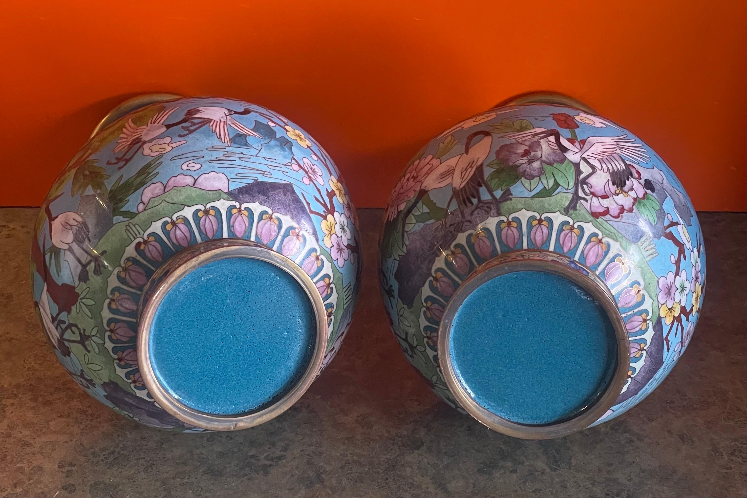 Mirrored Pair of Chinese Cloisonne Vases with Crane Motif 2