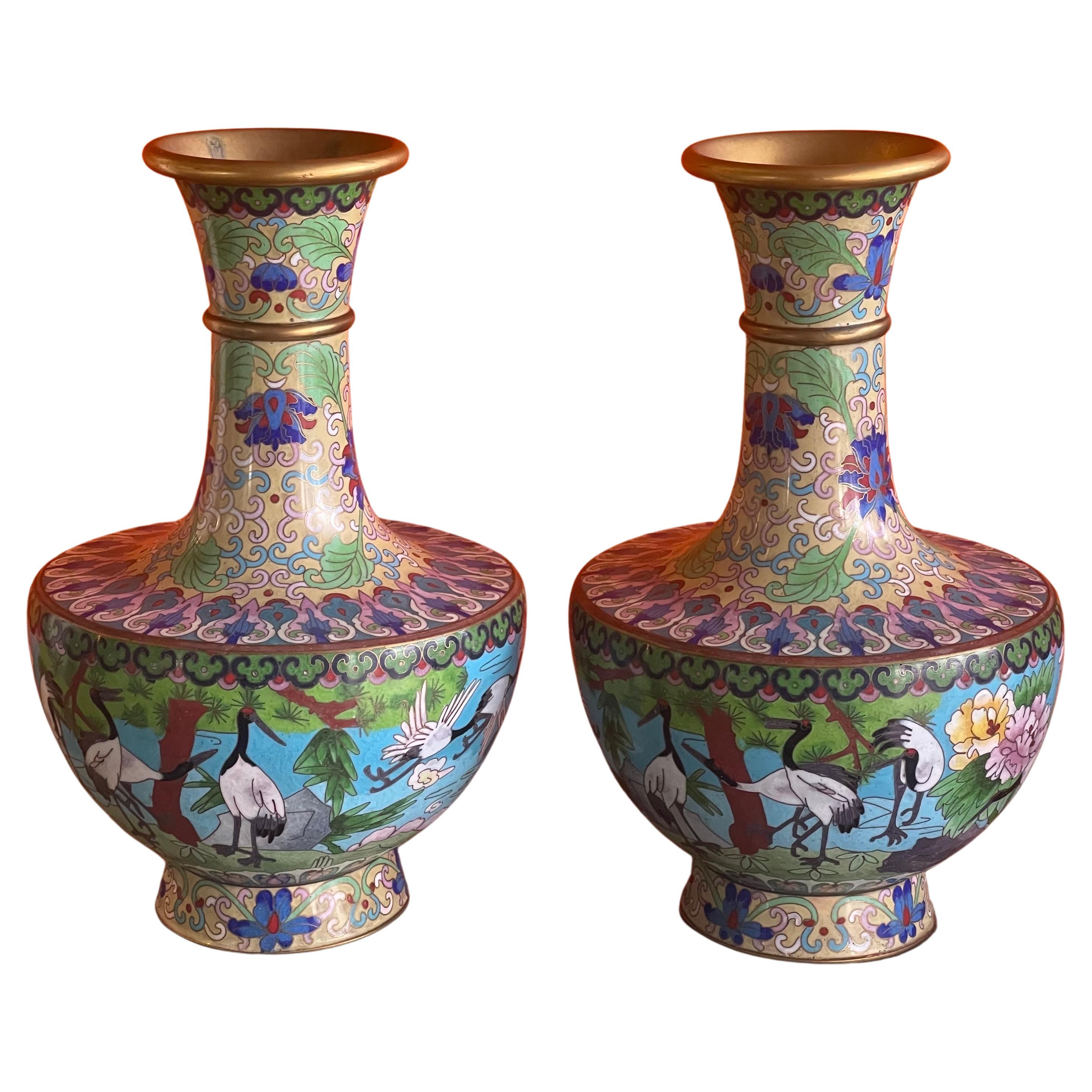 Mirrored Pair of Chinese Cloisonne Vases with Crane Motif