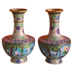 Vintage Mirrored Pair of Chinese Cloisonne Vases with Crane Motif