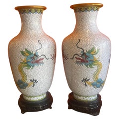 Mirrored Pair of Chinese Cloisonne Vases with Dragon Motif