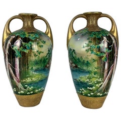 Mirrored Pair of Hand Painted Antique Nippon Vases
