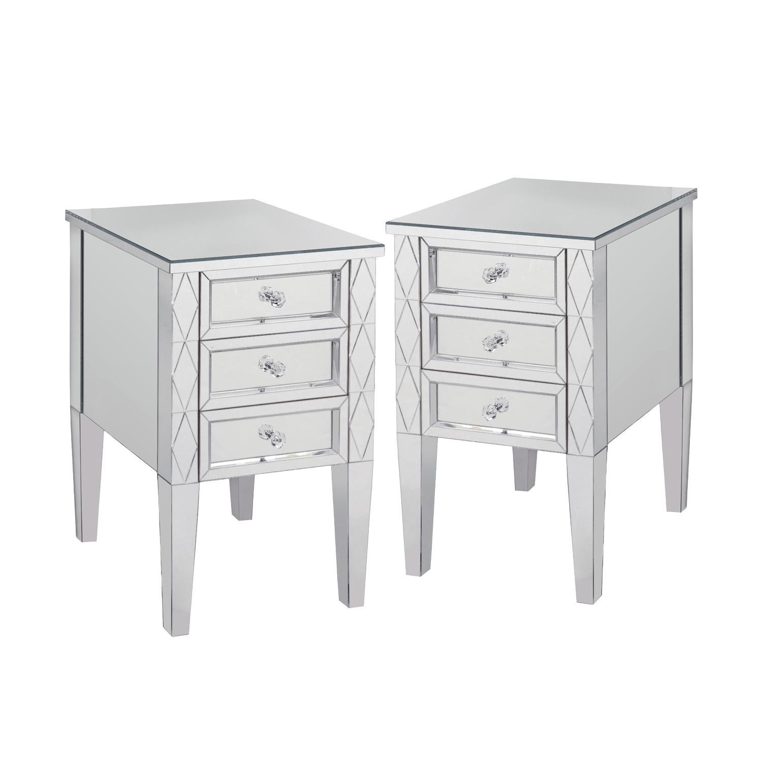 Pair of mirrored 3-drawer nightstands with diamond cut front, and polished nickel and crystal pulls. All drawers are 12-1/2