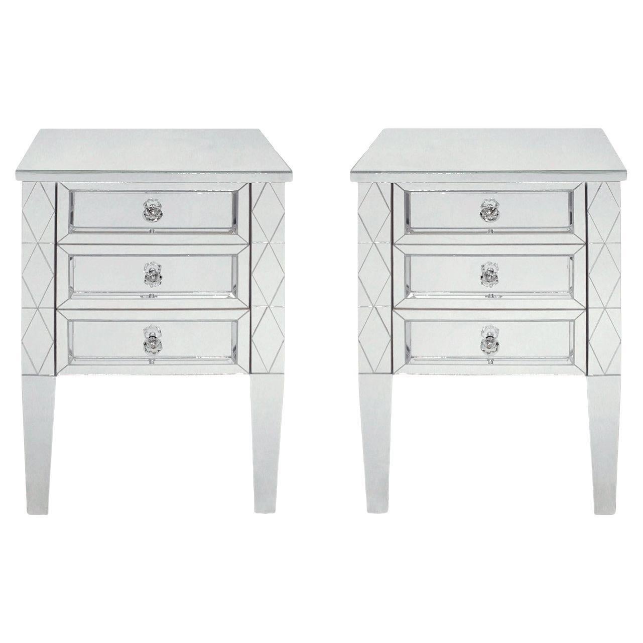 Mirrored Pair of Neoclassical Diamond Cut Front Nightstands