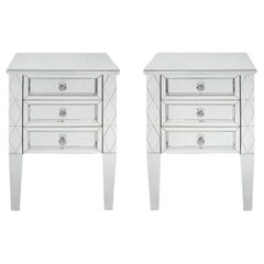 Mirrored Pair of Neoclassical Diamond Cut Front Nightstands