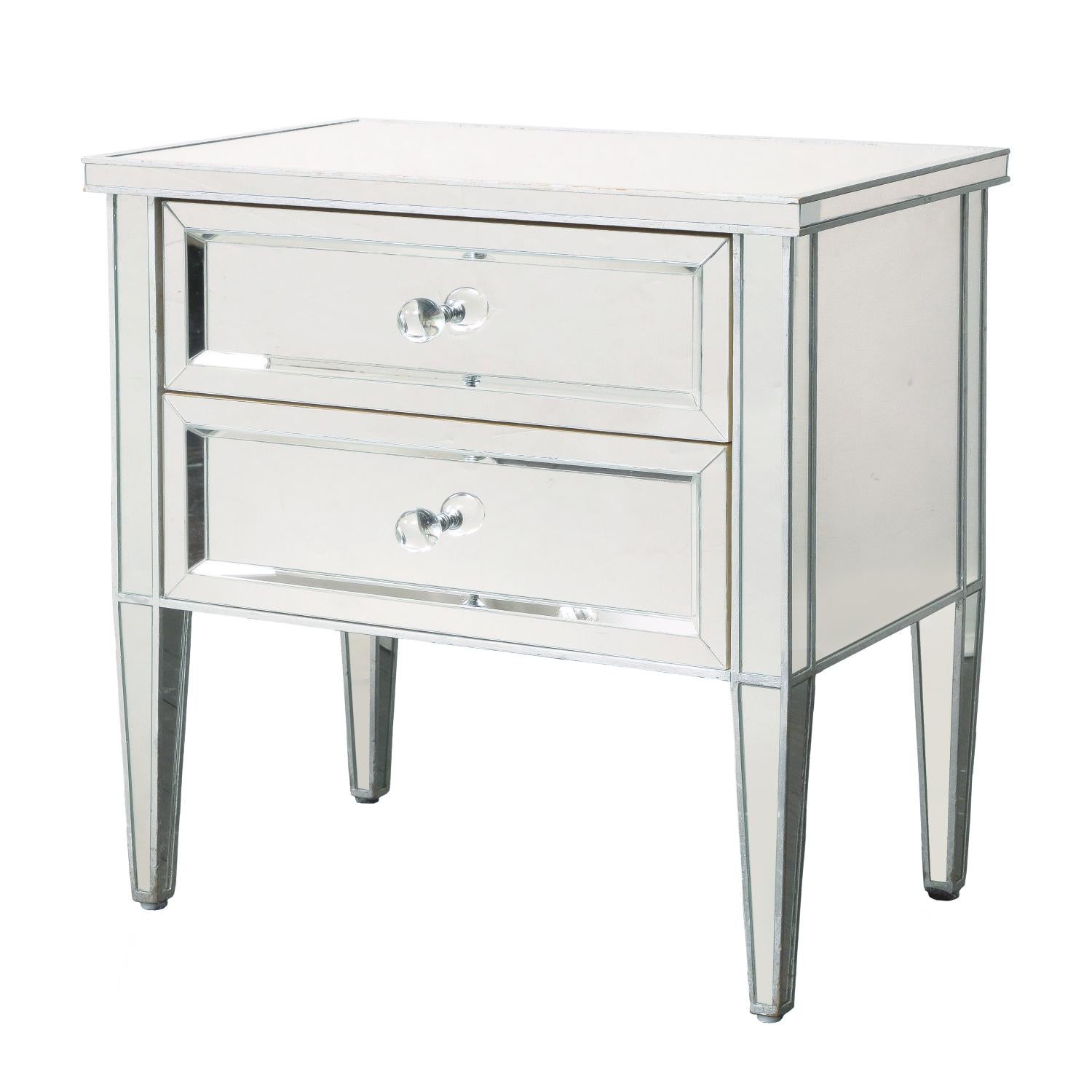 Chic pair of Neoclassical style mirrored nightstands with painted silver trim and crystal ball knobs. All drawers are 19