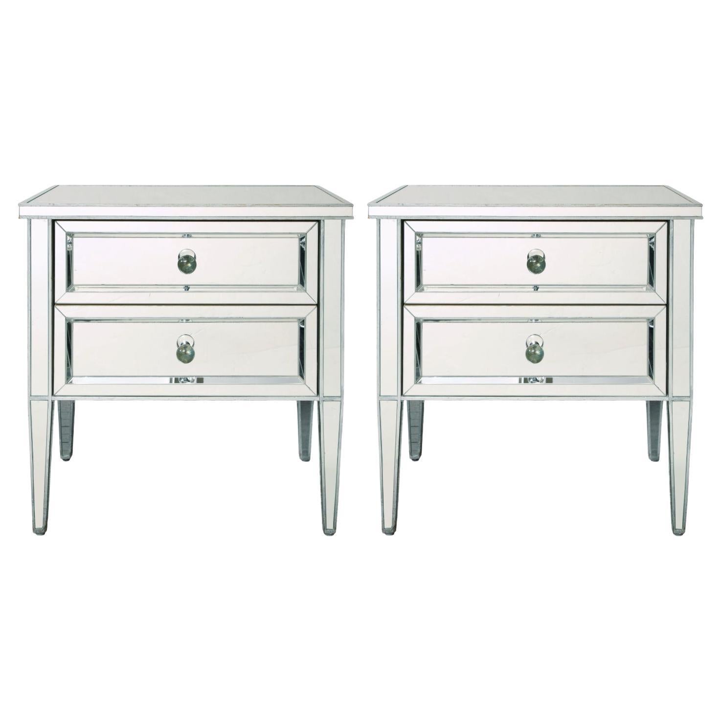 Mirrored Pair of Neoclassical Style Nightstands with Silver Trim