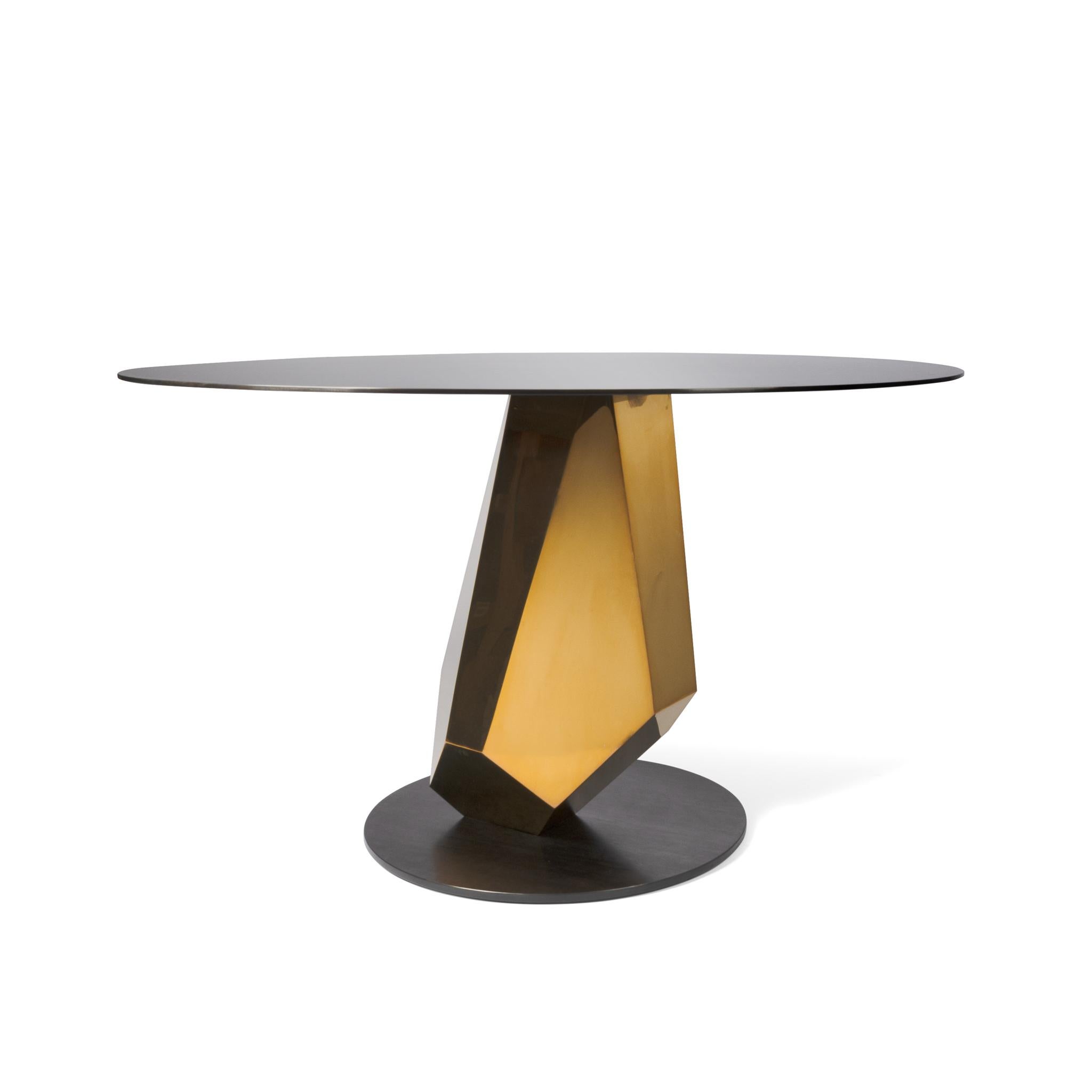 Modern Geometric Sculptural Metal Table Mirror Polished Bronze & Blackened In Stock For Sale