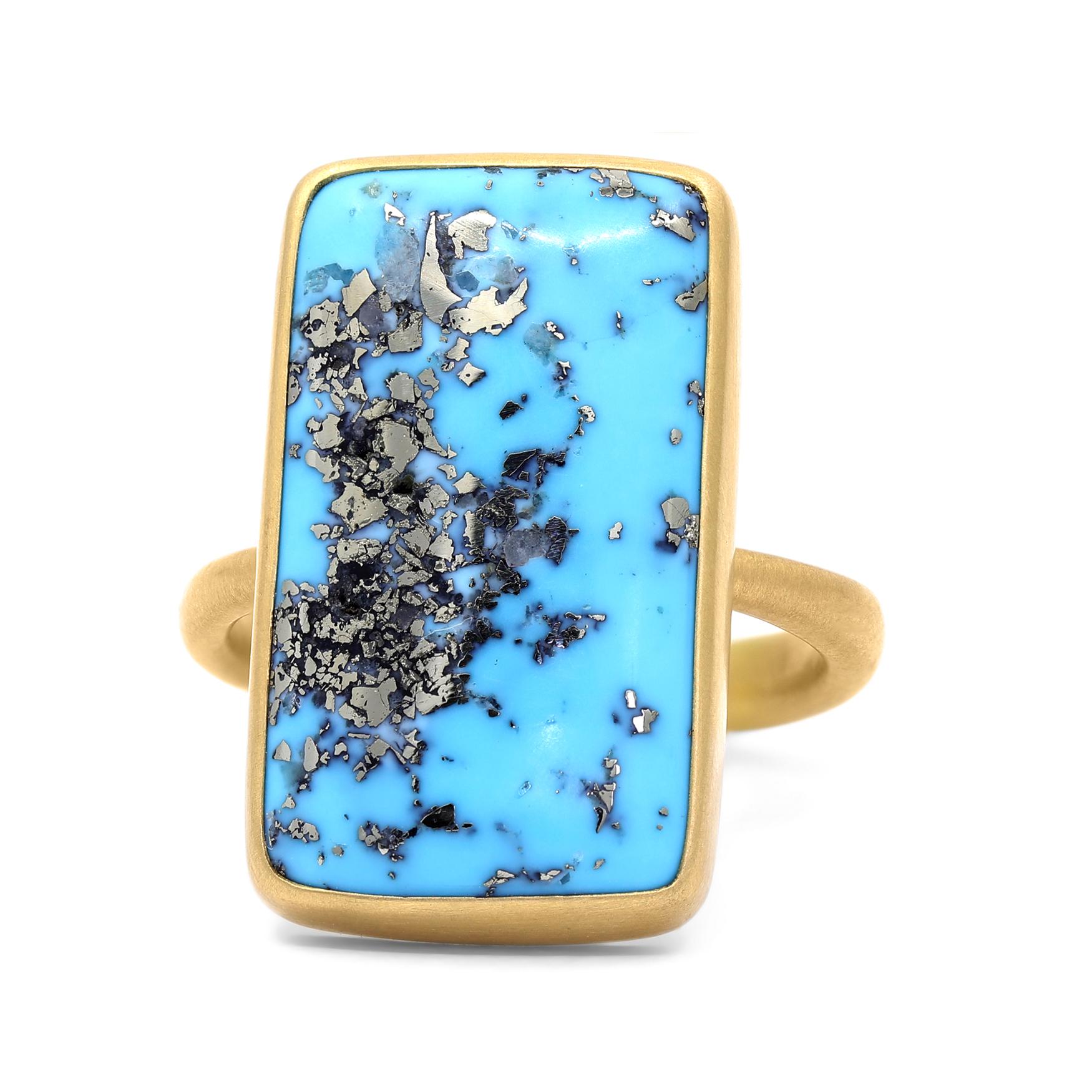 One of a Kind Ring by jewelry maker Lola Brooks hand-fabricated in signature-finished 22k yellow gold featuring a beautiful 14.40 carat rectangle turquoise cabochon accented with distinctive mirrored pyrite that naturally inlaid during the gemstones