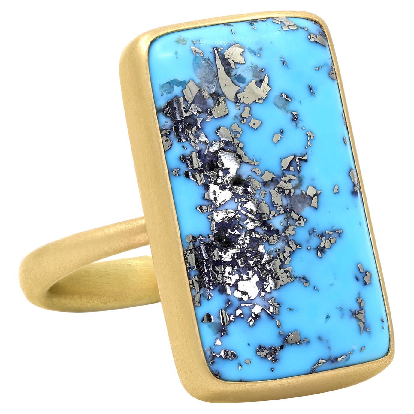 Mirrored Pyrite in Turquoise Yellow Gold One of a Kind Ring, Lola Brooks 2022 For Sale