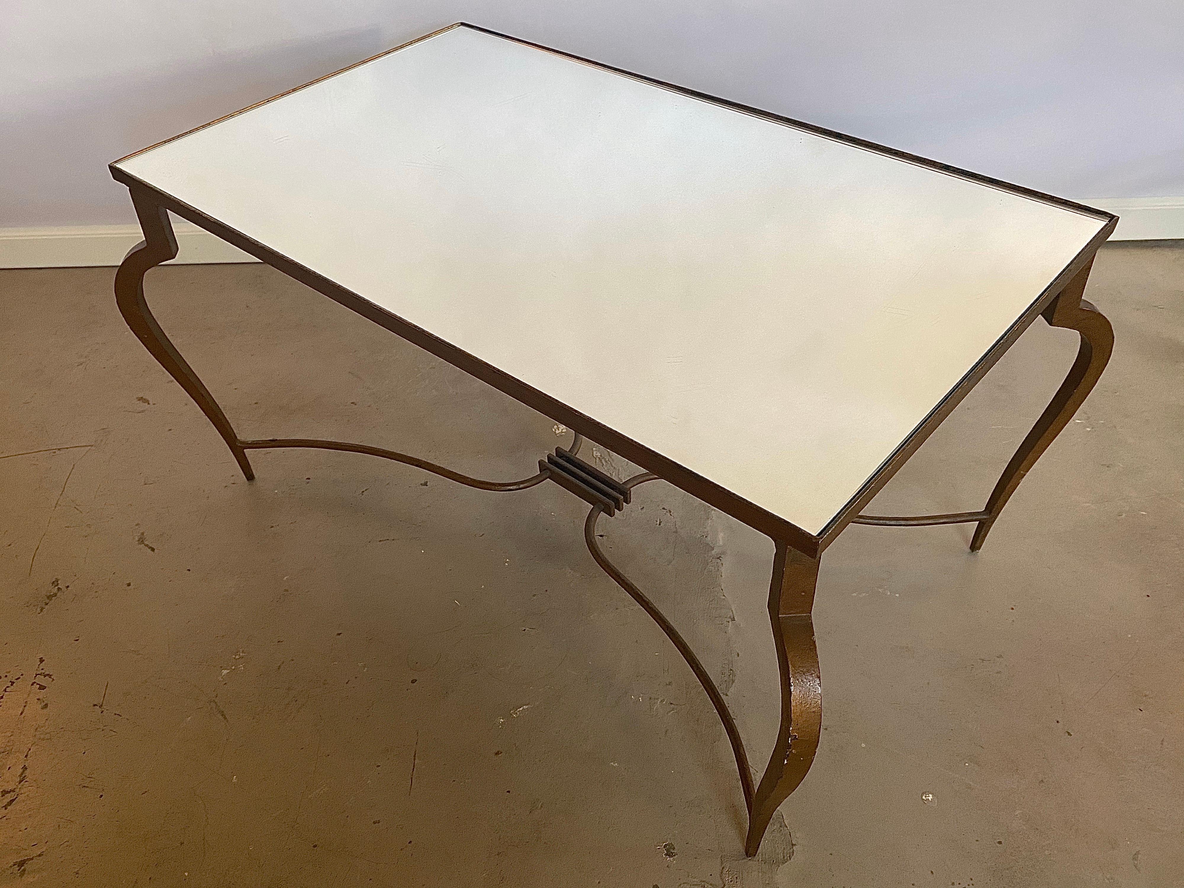 Mid-Century Modern Mirrored René Prou Coffee or Cocktail Table in Gold Painted Forged Iron, 1940s For Sale