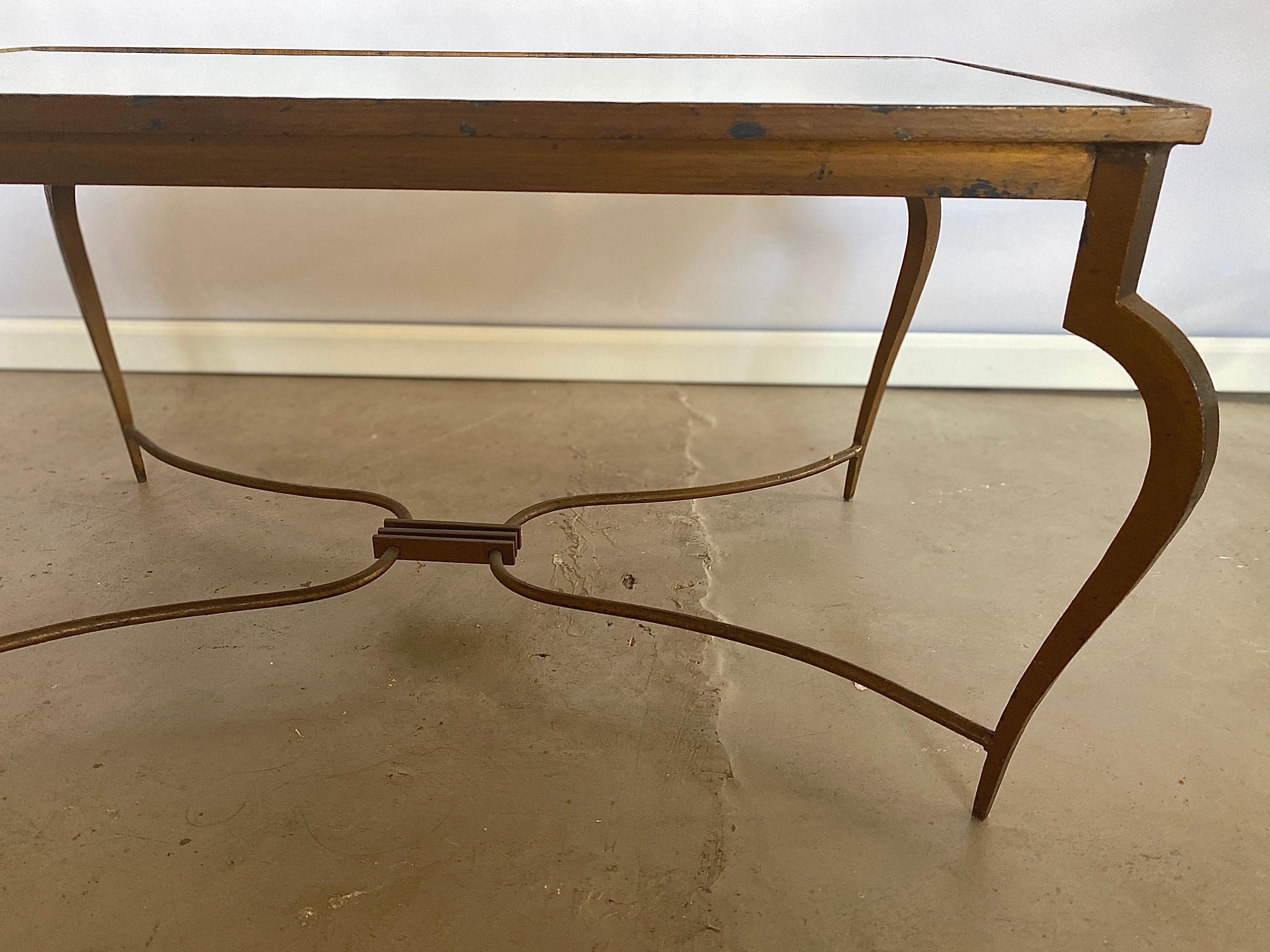 Mirrored René Prou Coffee or Cocktail Table in Gold Painted Forged Iron, 1940s In Fair Condition For Sale In Amsterdam, NL