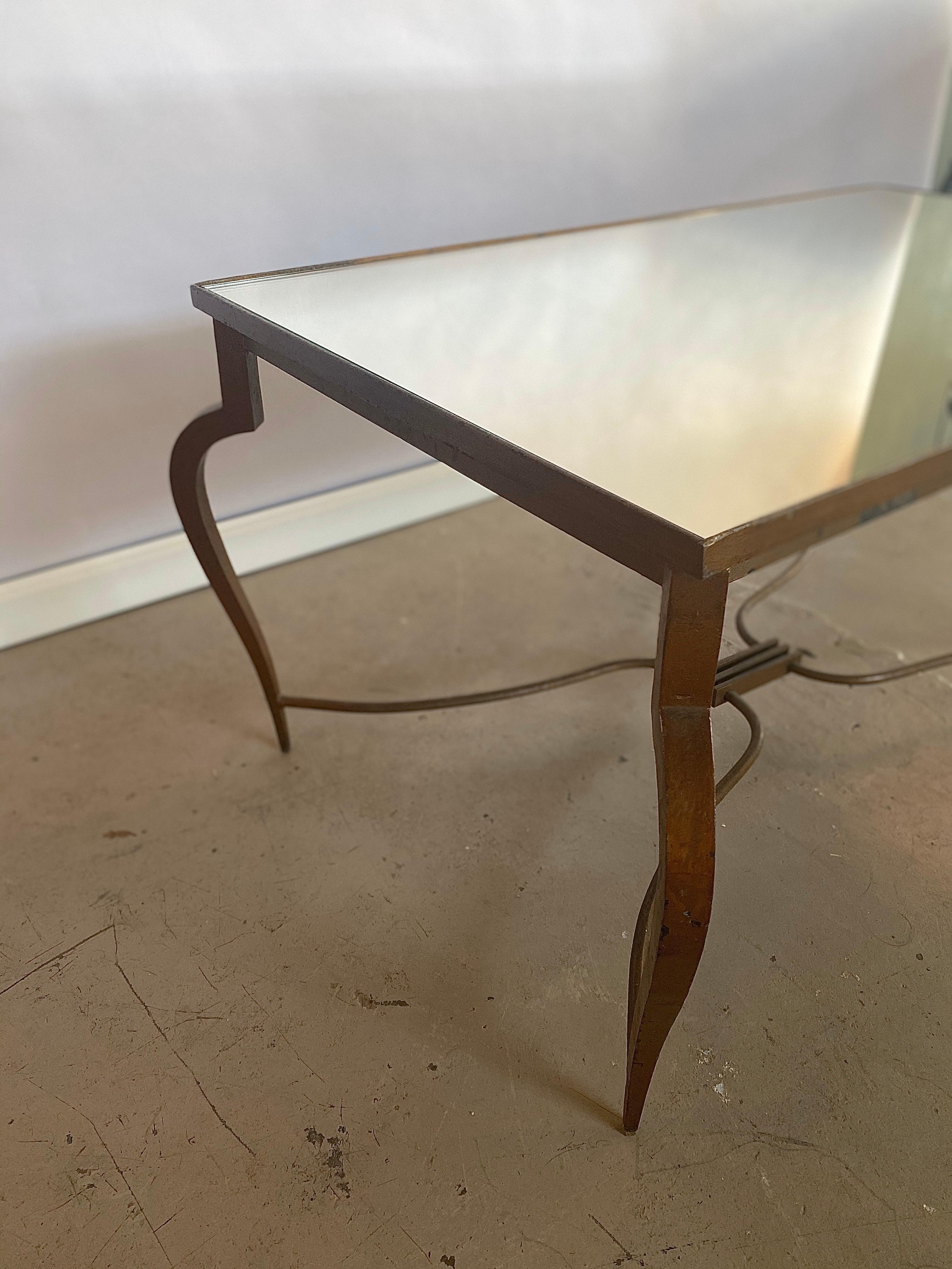 Mid-20th Century Mirrored René Prou Coffee or Cocktail Table in Gold Painted Forged Iron, 1940s For Sale