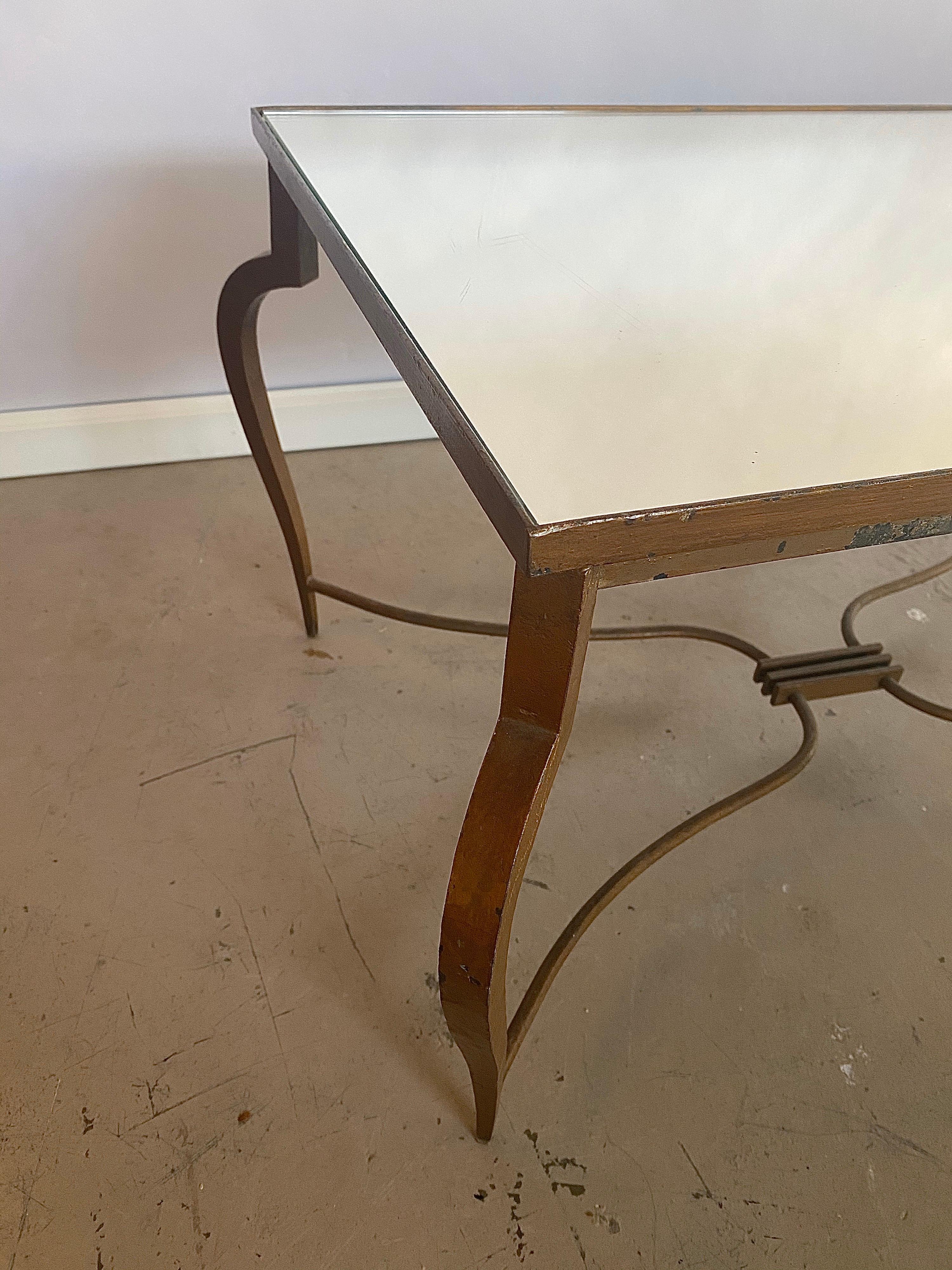 Mirrored René Prou Coffee or Cocktail Table in Gold Painted Forged Iron, 1940s For Sale 2