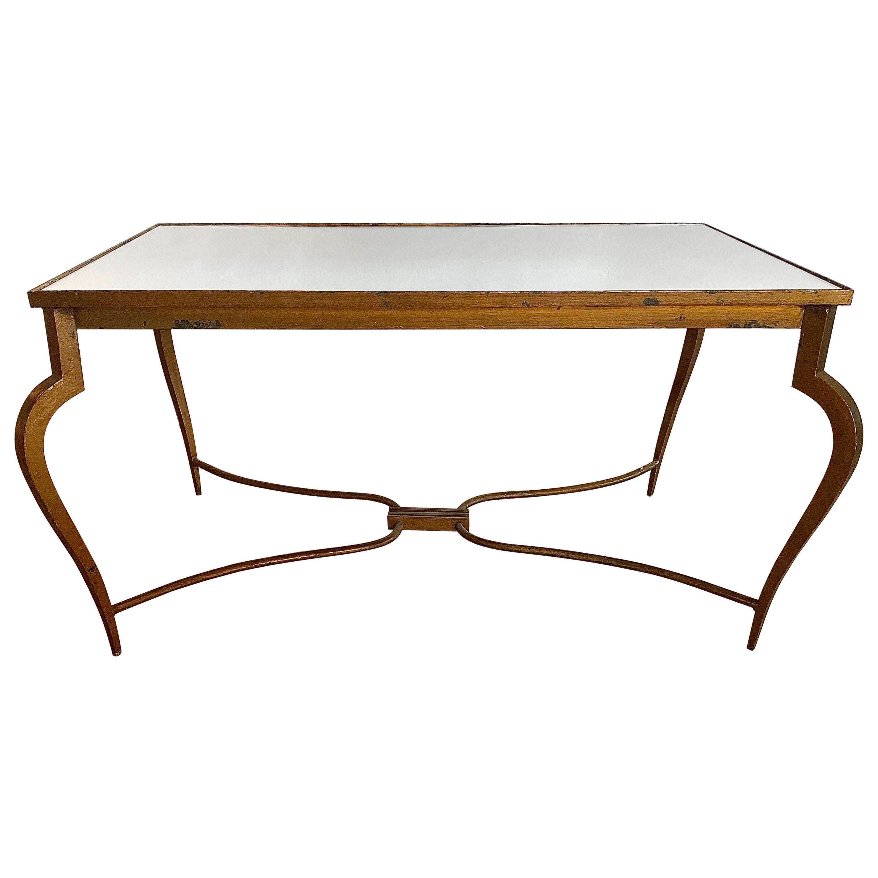 Mirrored René Prou Coffee or Cocktail Table in Gold Painted Forged Iron, 1940s For Sale