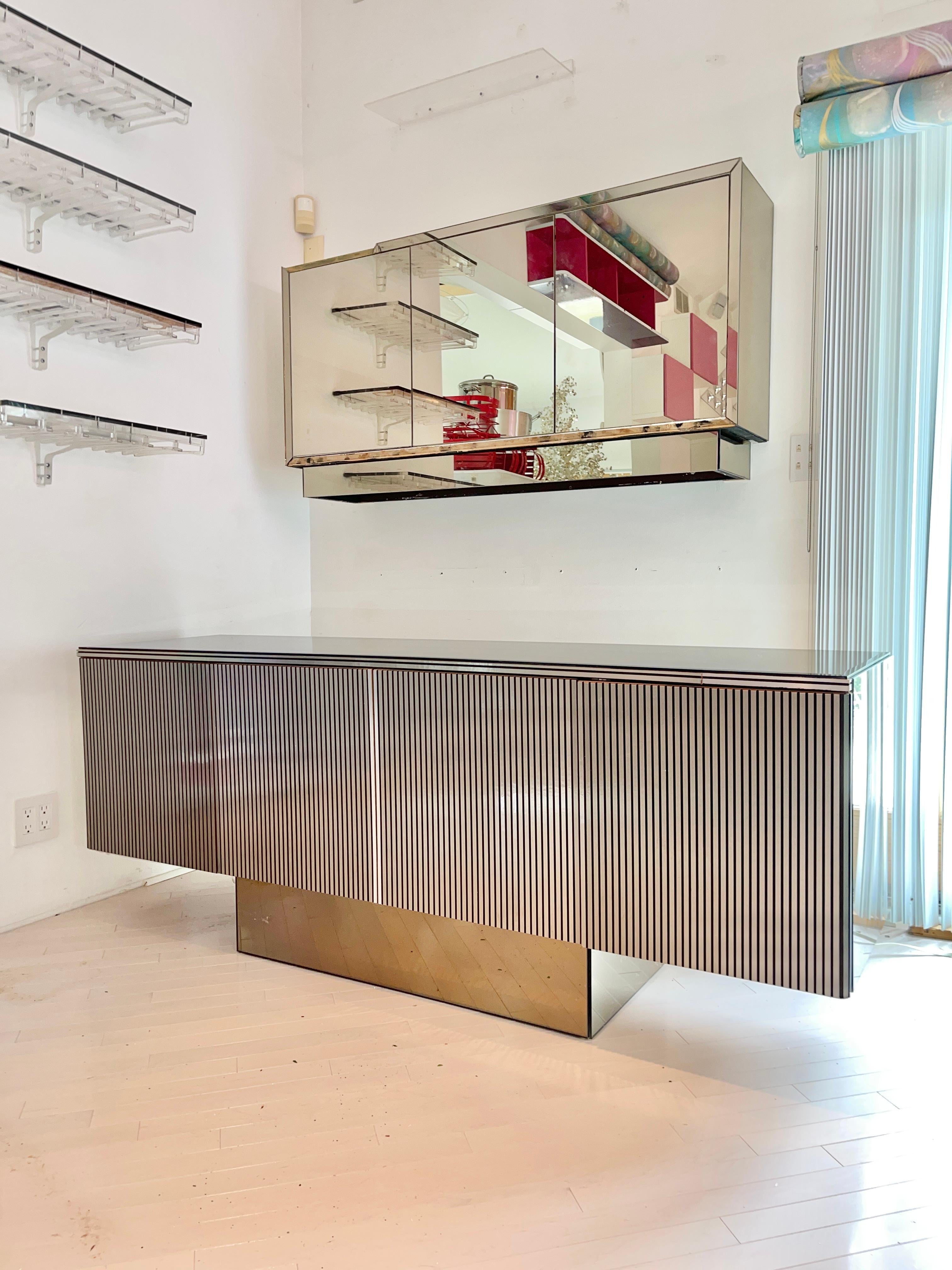 Space Age Mirrored Ribbed Aluminum Laminate Sideboard with Mirrored Back Bar