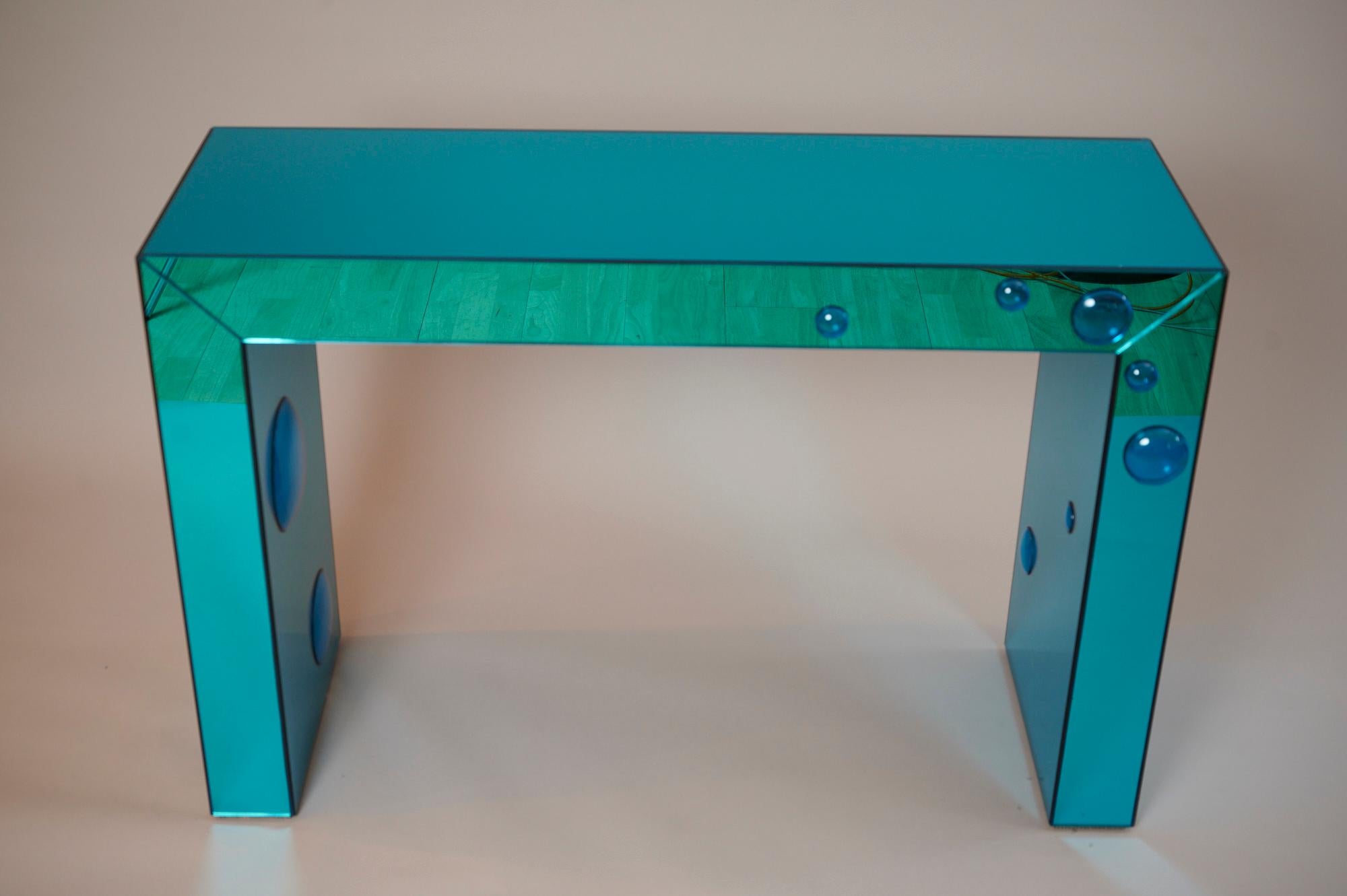 Post-Modern Mirrored 'Seagreen' console table with blue glass bubble spots For Sale
