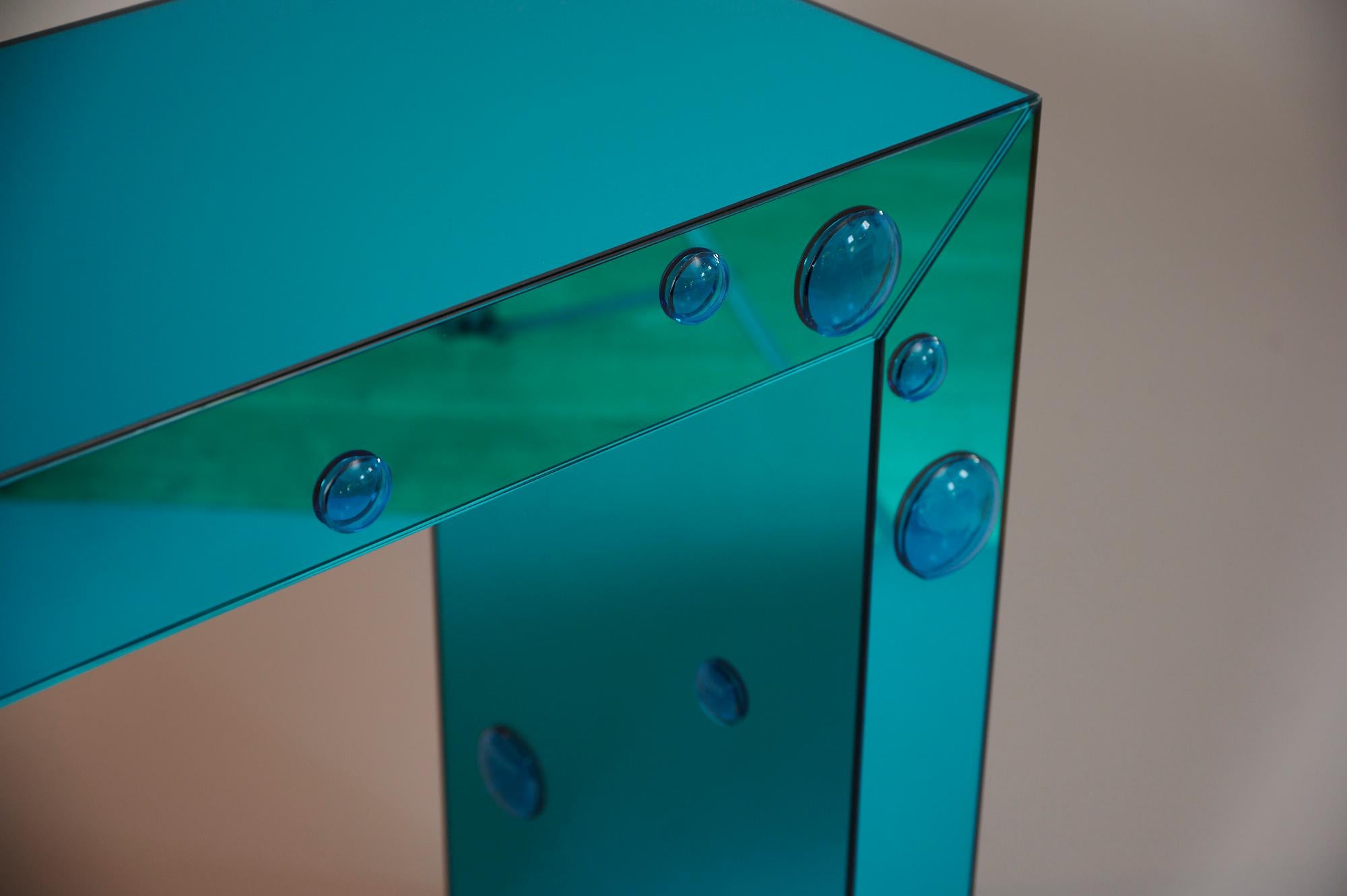 Art Glass Mirrored 'Seagreen' console table with blue glass bubble spots For Sale