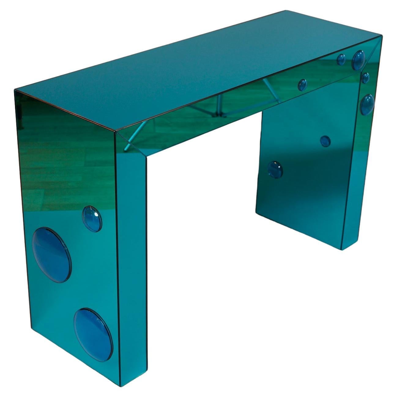 Table console « Seagreen » en miroir avec taches de bulles en verre bleu