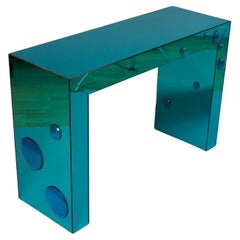 Table console « Seagreen » en miroir avec taches de bulles en verre bleu