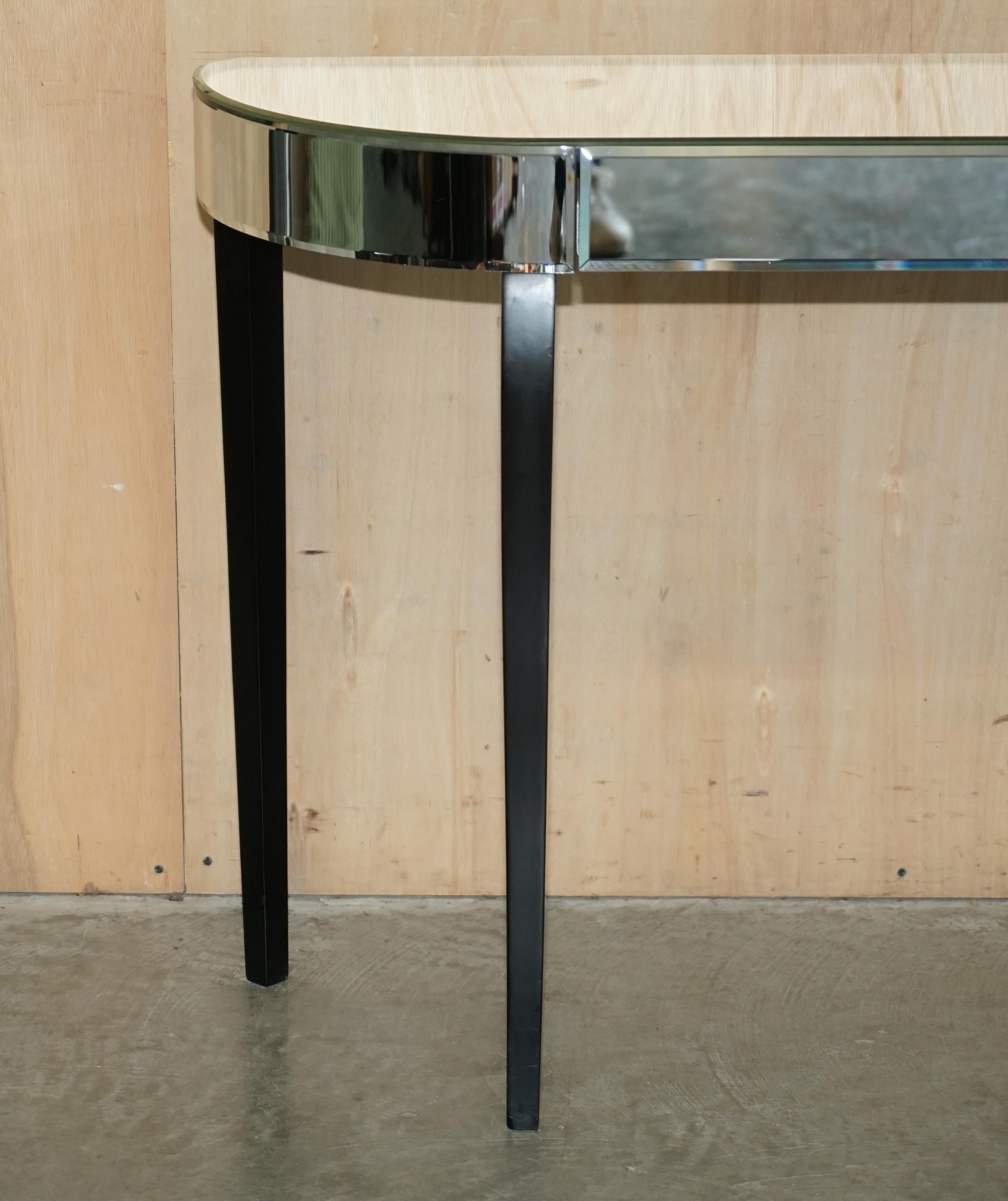 Art Deco Mirrored Single Drawer Demilune Console Table Elegent Ebonized Lets Part of Set For Sale
