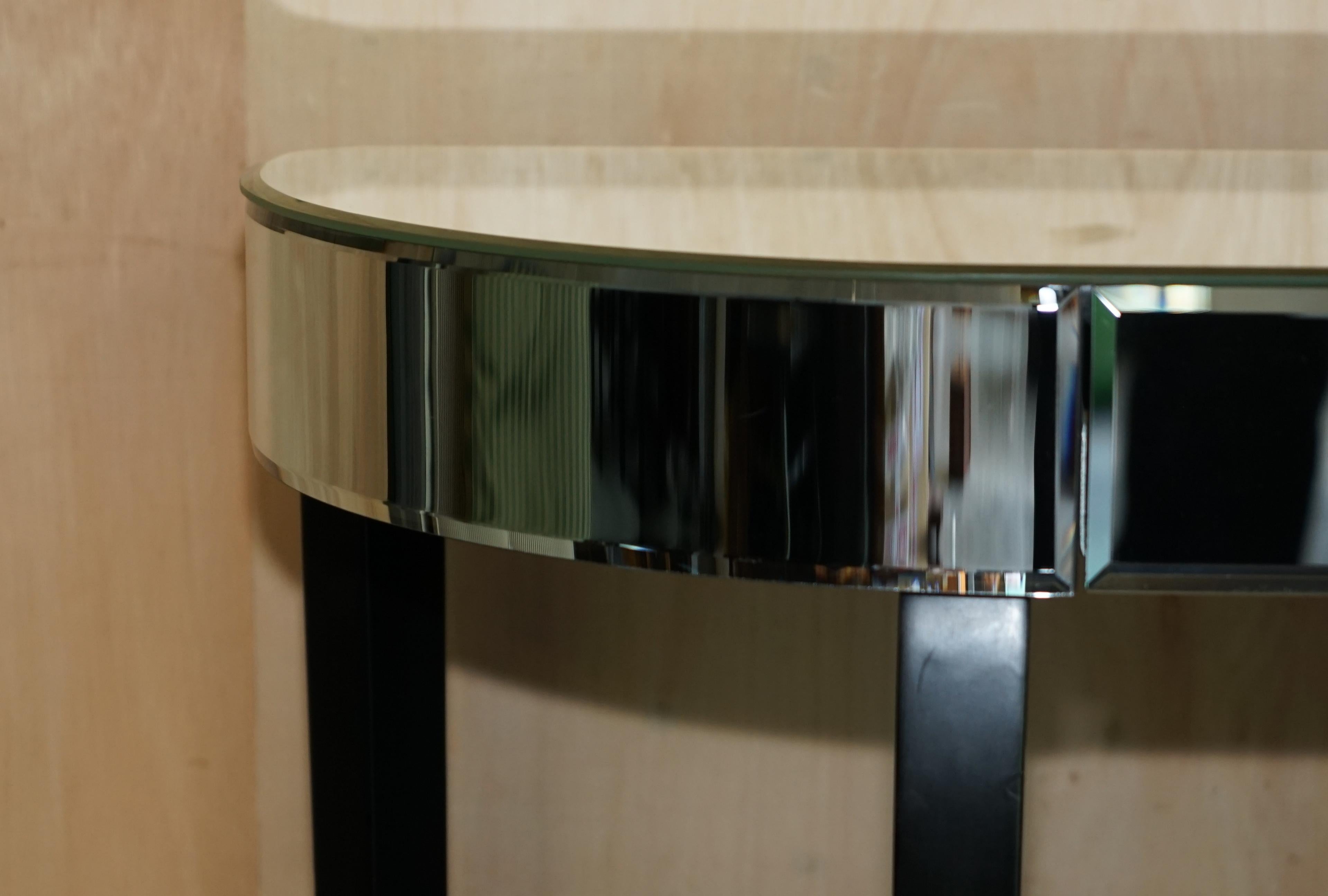Hand-Crafted Mirrored Single Drawer Demilune Console Table Elegent Ebonized Lets Part of Set For Sale