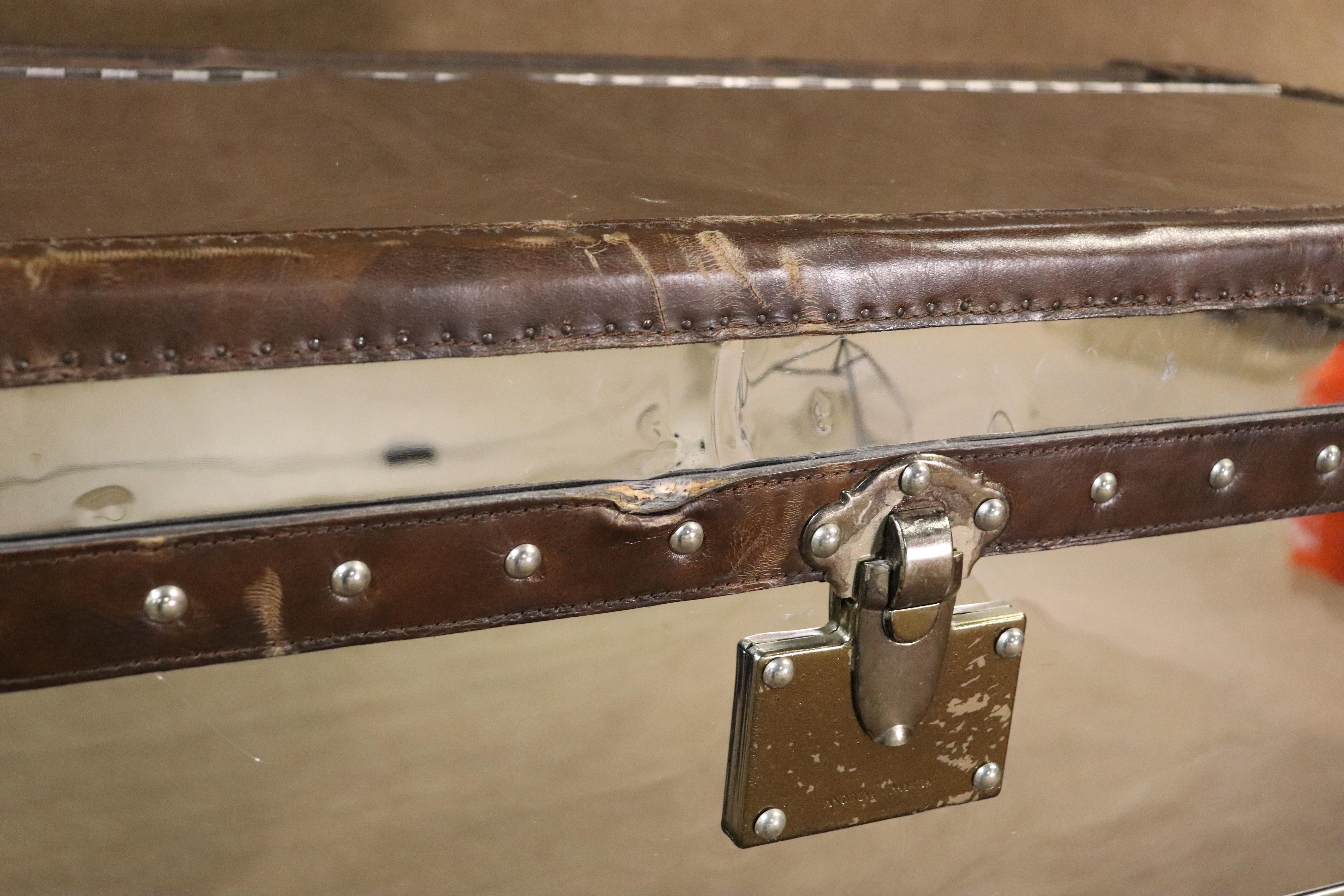 20th Century Mirrored Steamer Trunk w/ Leather Trim For Sale