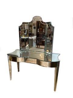 Made to Order Three Drawers at Front Antiqued Mirrored Vanity w/ Trifold Mirror