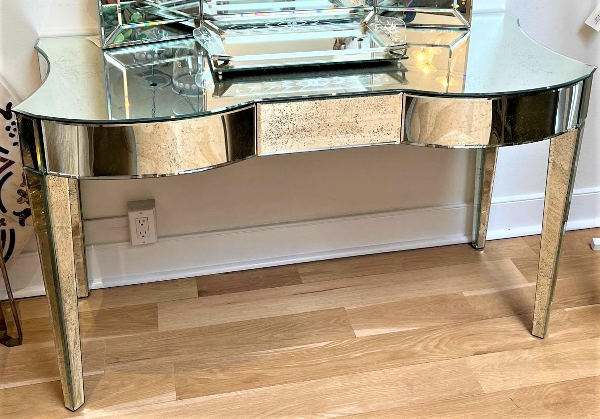 Made to Order Three Drawers at Front Antiqued Mirrored Vanity w/ Trifold Mirror For Sale 2