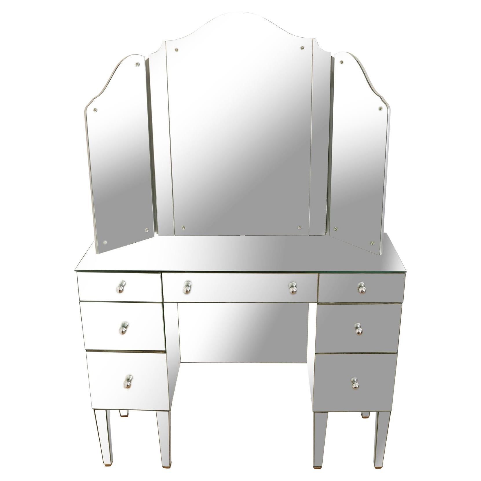 Mirrored Vanity Table With Trifold Mirror For Sale