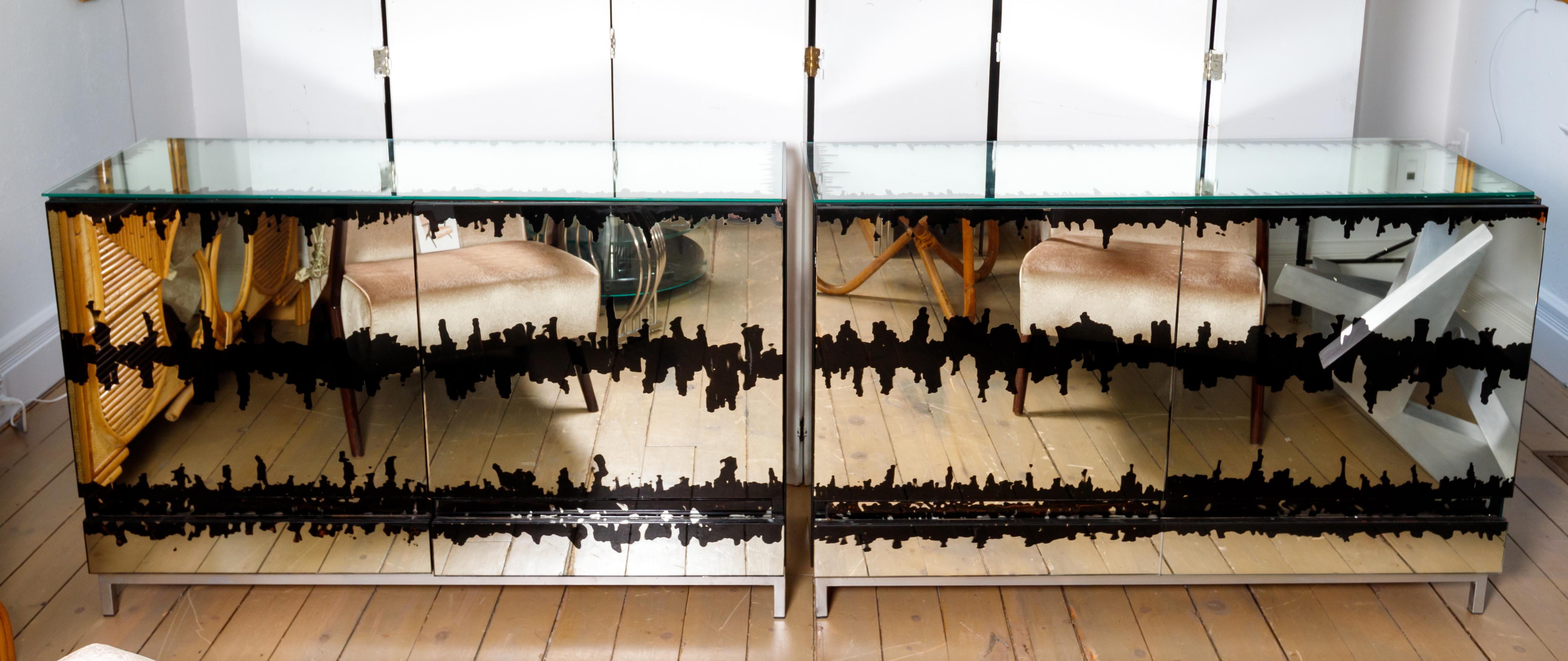 Mirrored verre eglomise cabinet with abstract black design
Two available.
