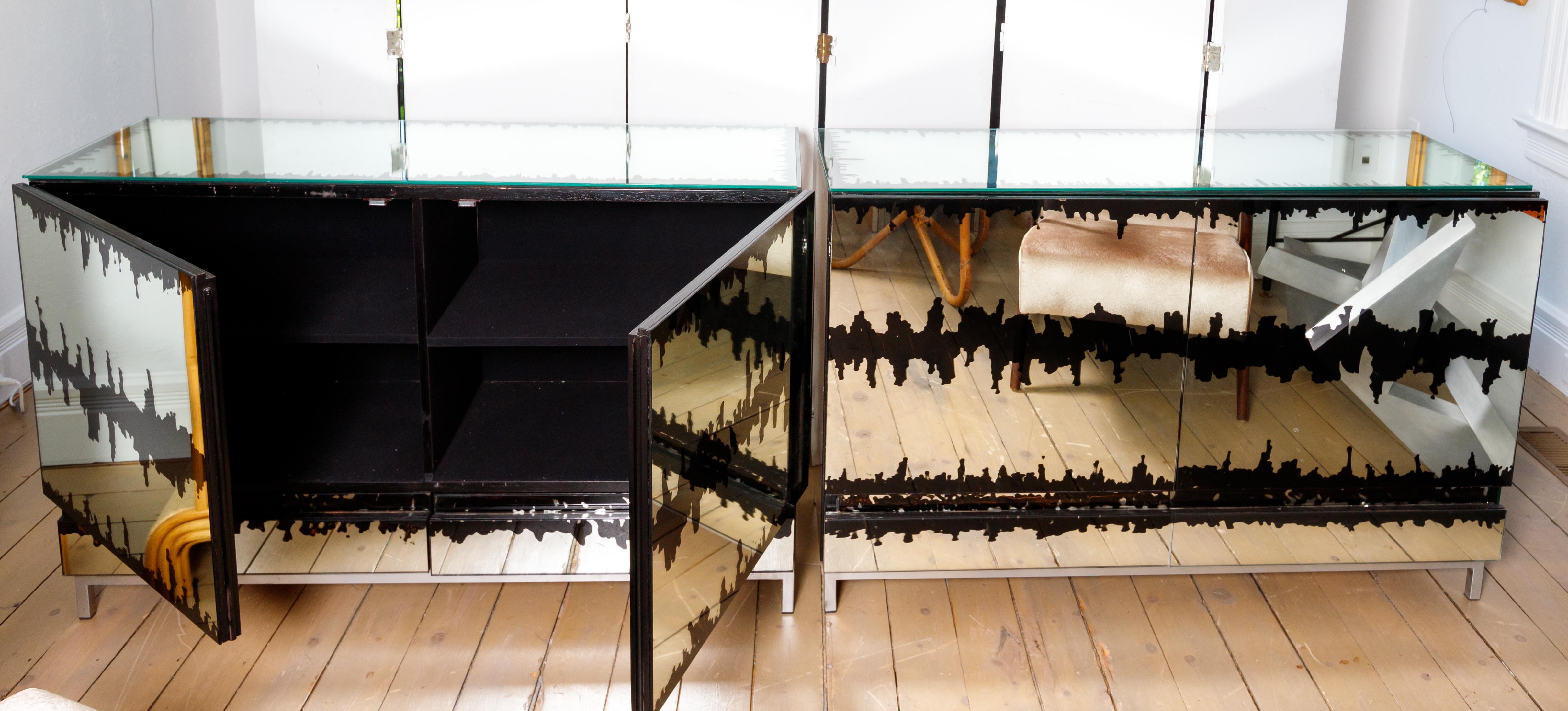 Modern Mirrored Verre Eglomise Cabinet with Abstract Black Design
