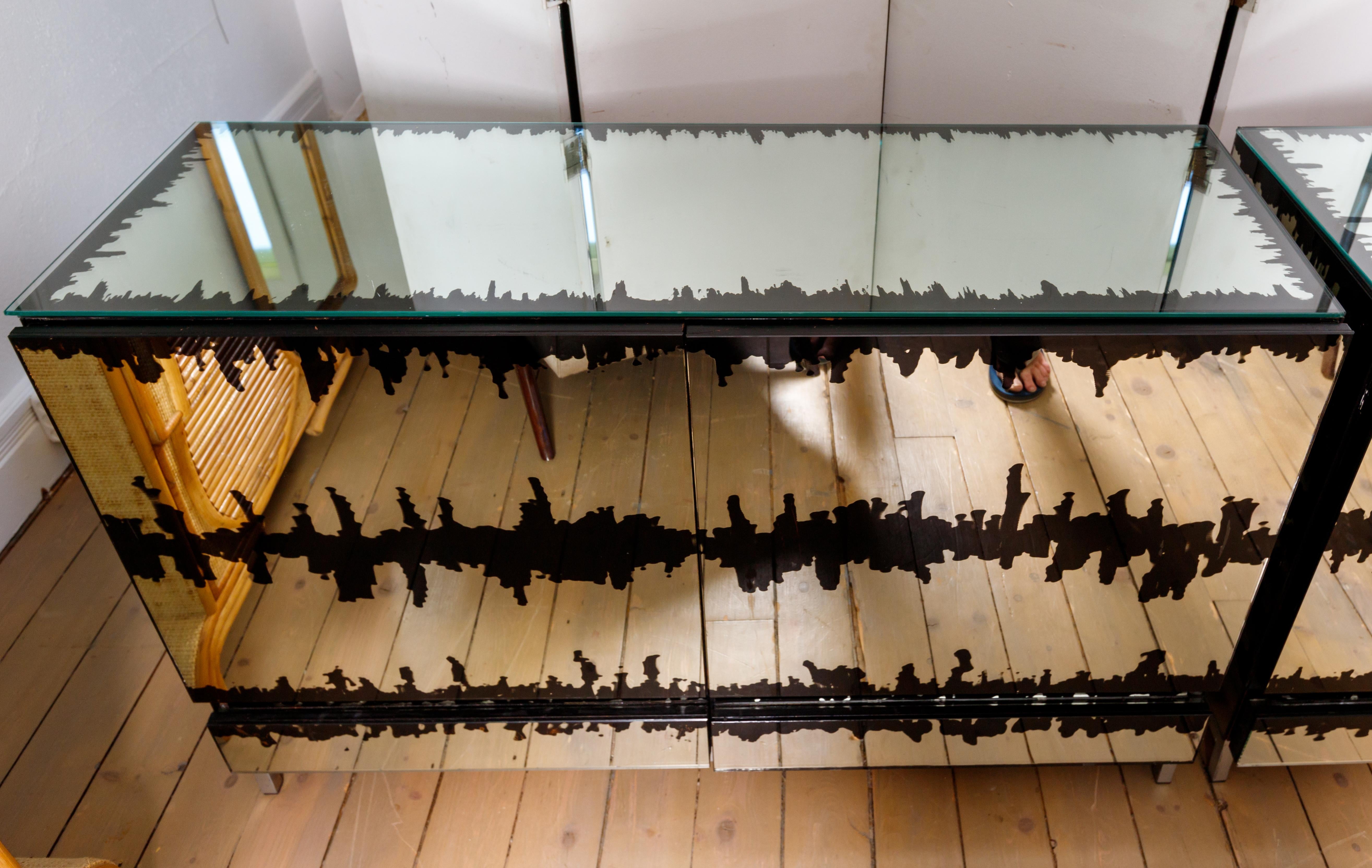 Mirrored Verre Eglomise Cabinet with Abstract Black Design In Good Condition In Bridgehampton, NY