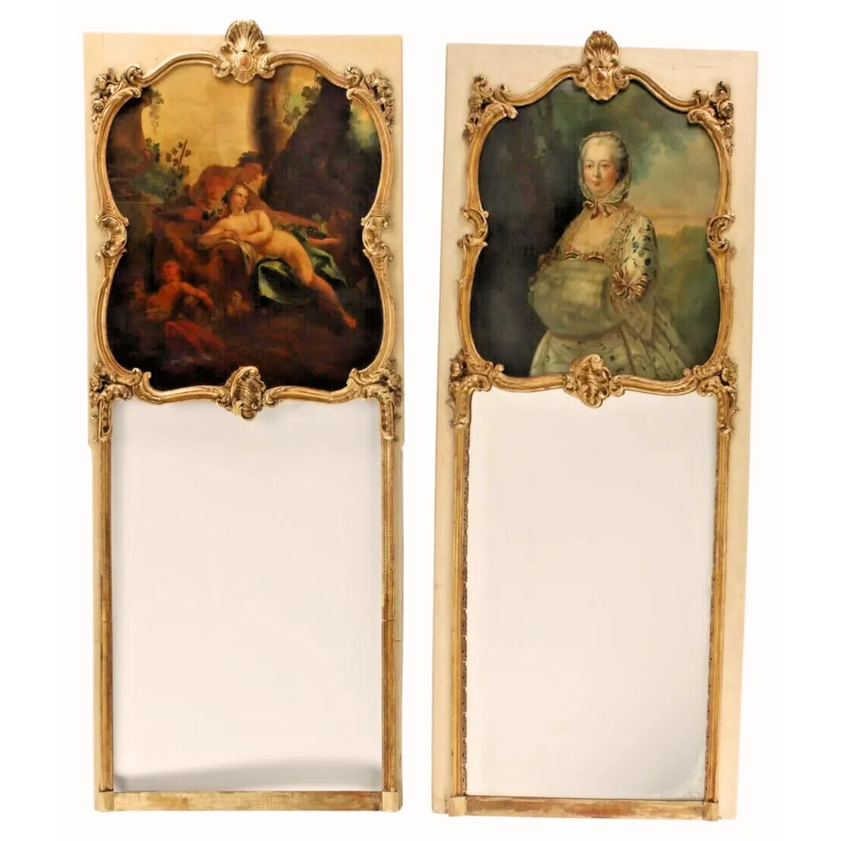 Giltwood Mirrors, French Parcel Gilt & Painted Trumeau, Vintage / Antique, Set of Two!! For Sale