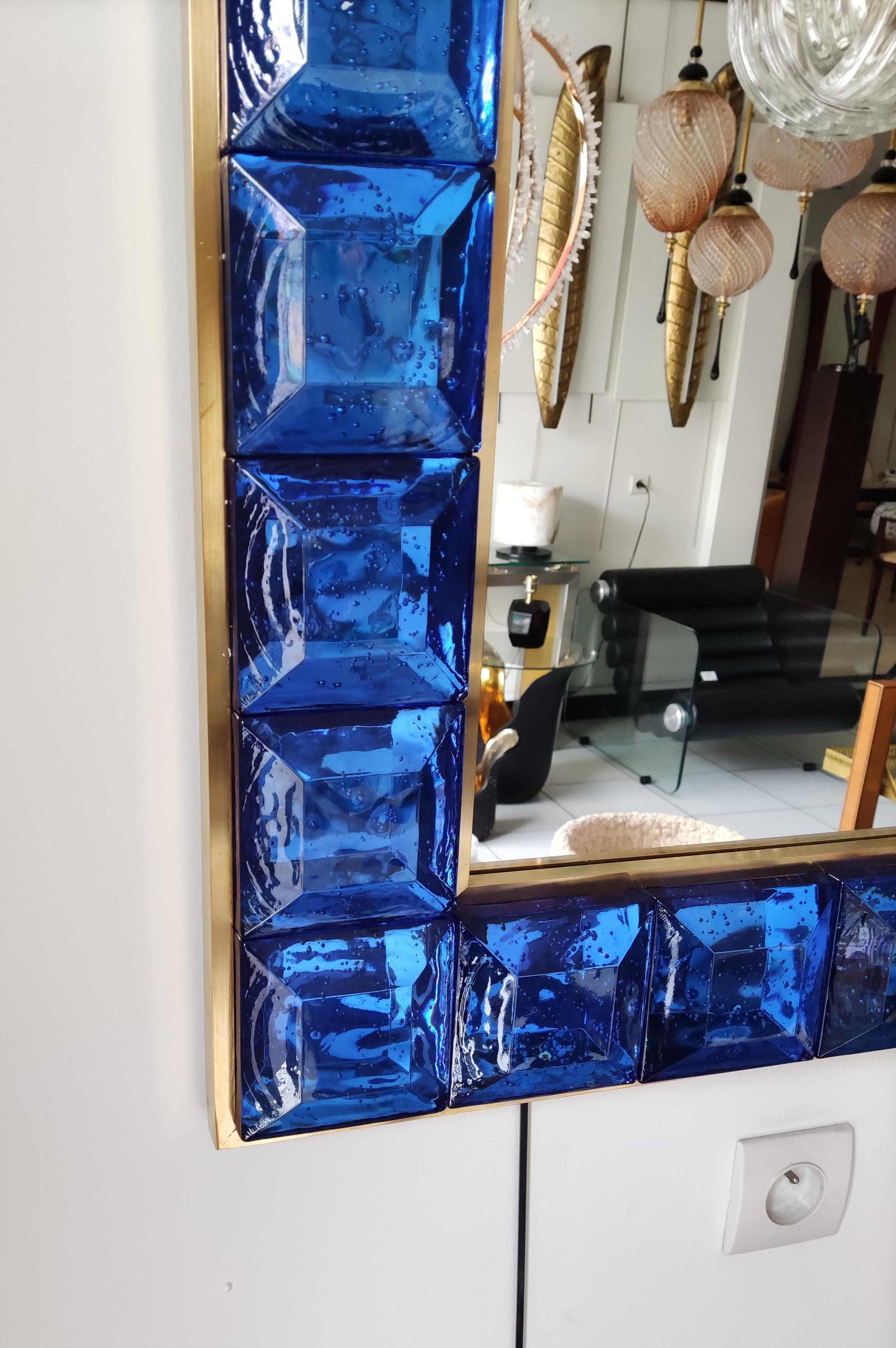 Contemporary Mirrror in blue Murano Glass and Brass