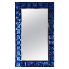 Specchio in vetro di Murano blu e ottone