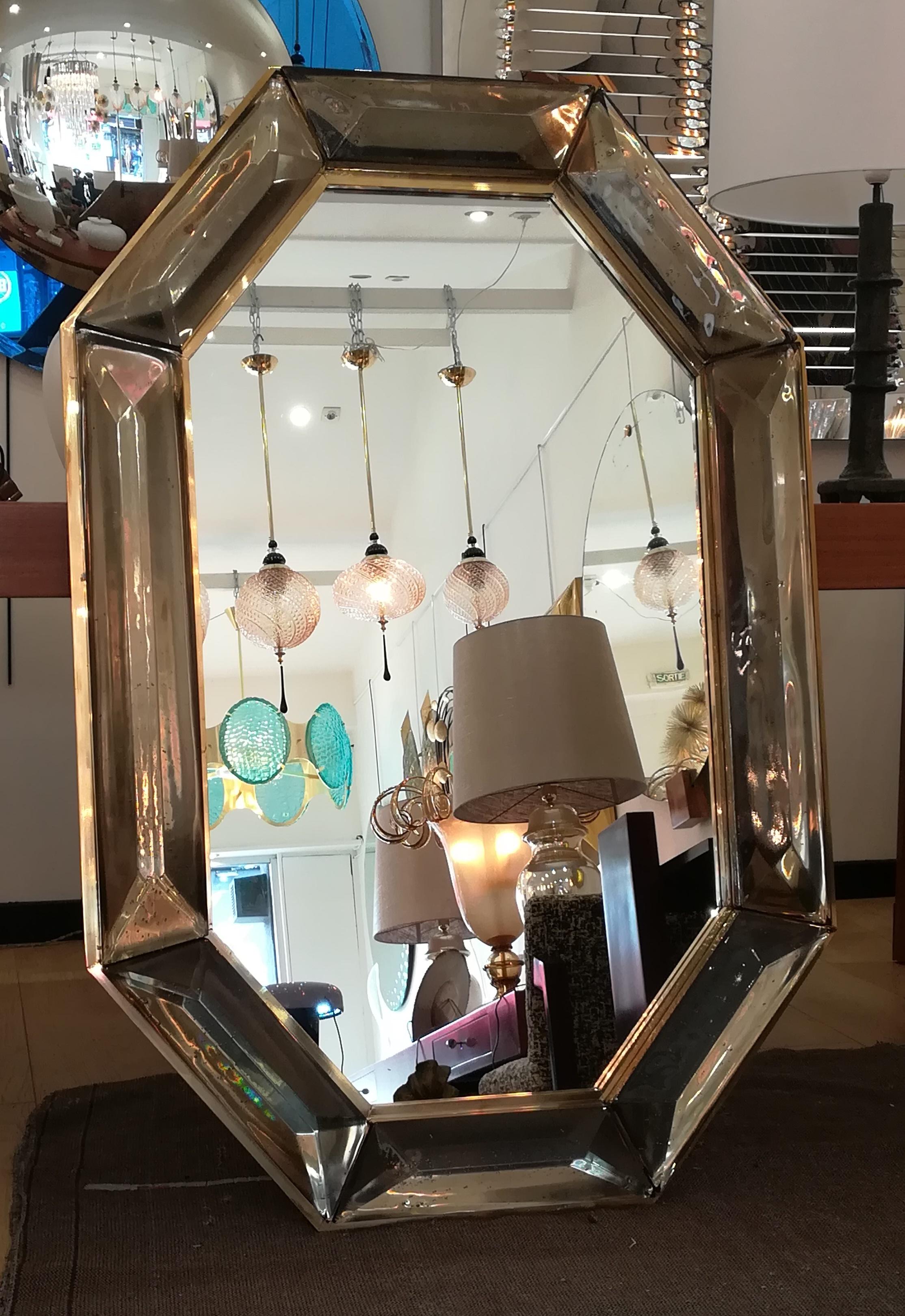 Contemporary Mirrror in Smoked Murano Glass and Brass