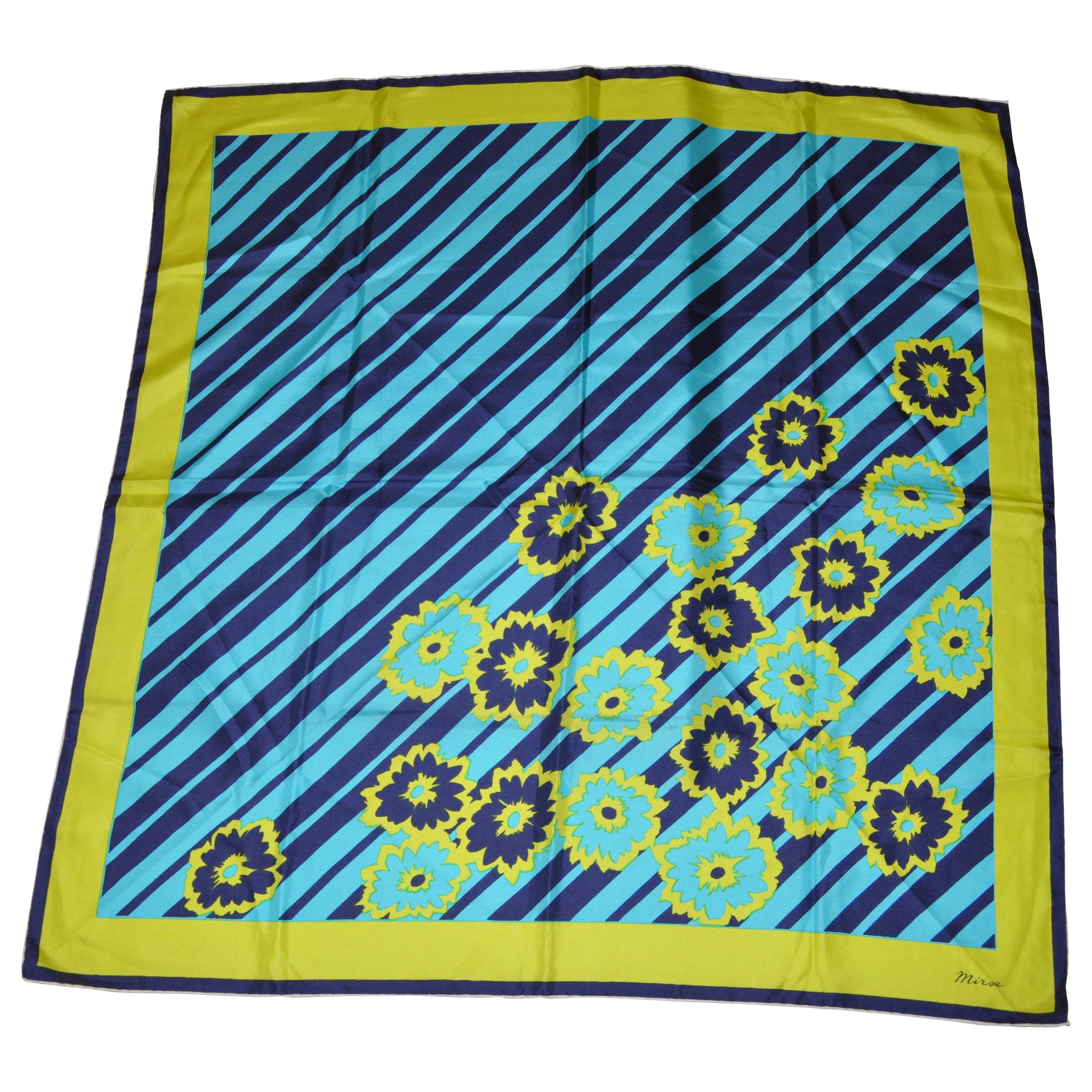 Mirsa Beautiful Navy, Turquoise, Green and Soft Lime Floral Silk Scarf For Sale