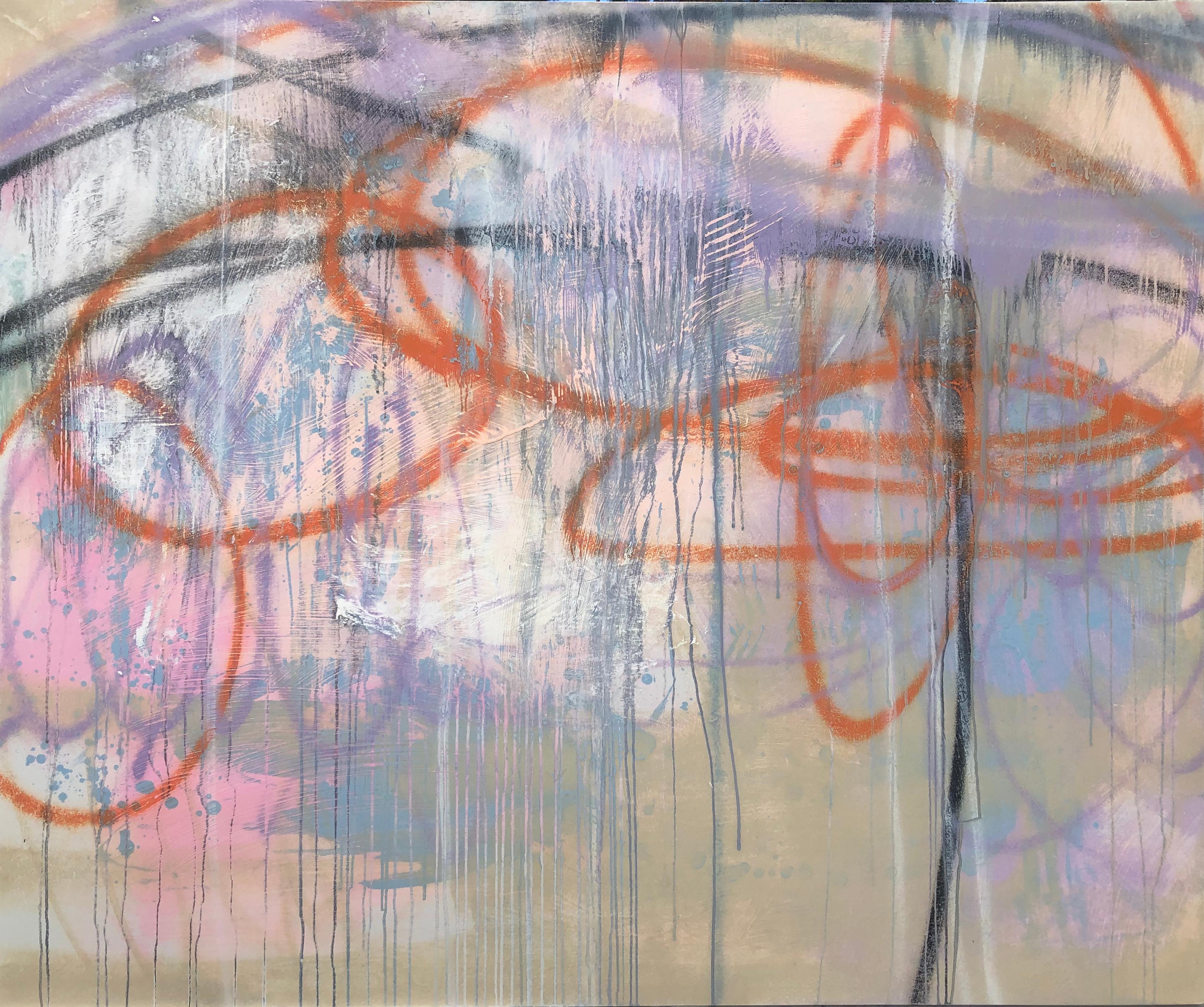 Mirtha Moreno Abstract Painting – Abstrakt-expressionistisches Gemälde auf Holztafel mit dem Titel „Social Distance“ (44,63 x 53,75)