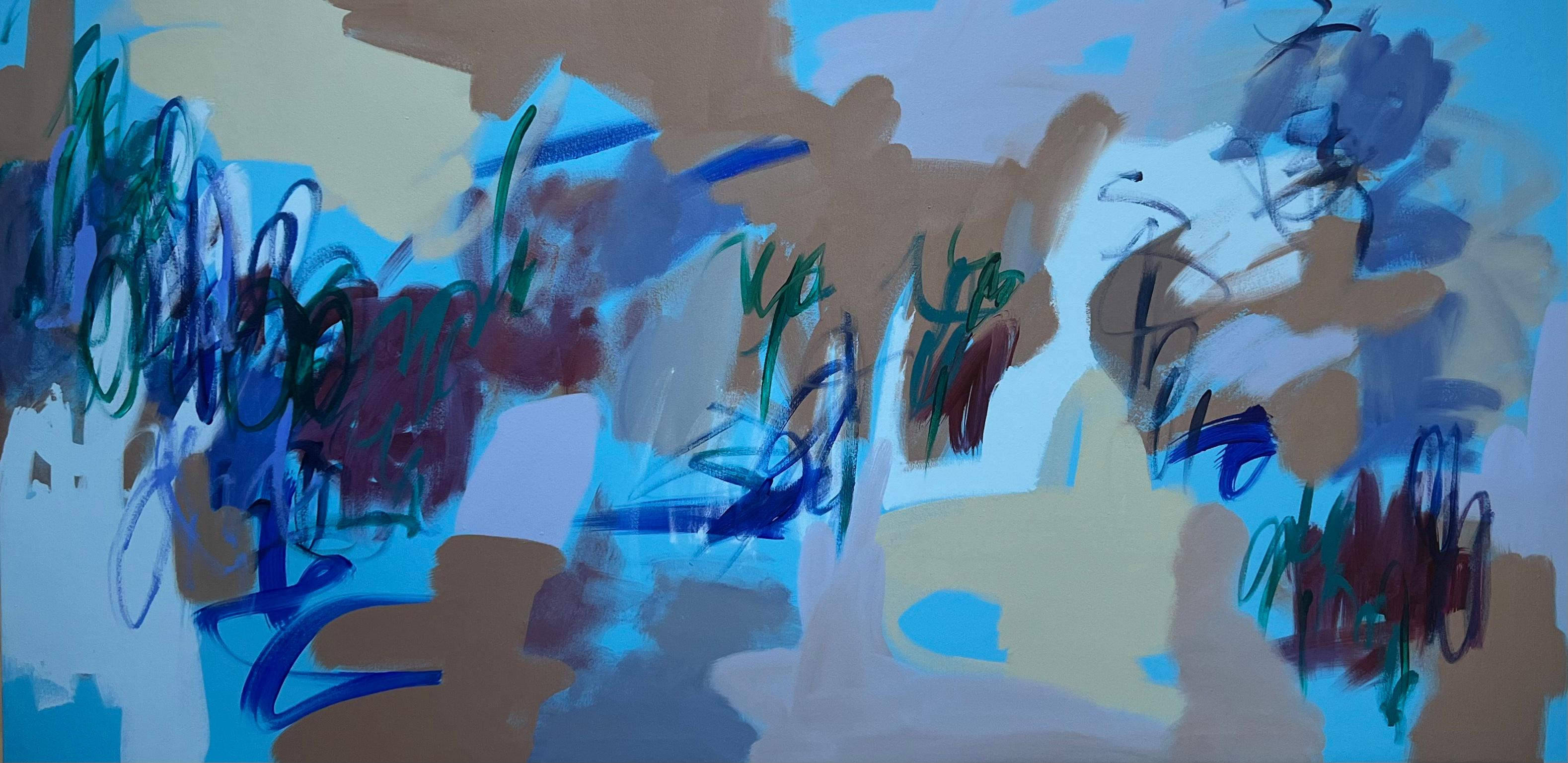 Abstract Painting di Mirtha Moreno - Grande dipinto intitolato "Bluejay" (ghiandaia azzurra)