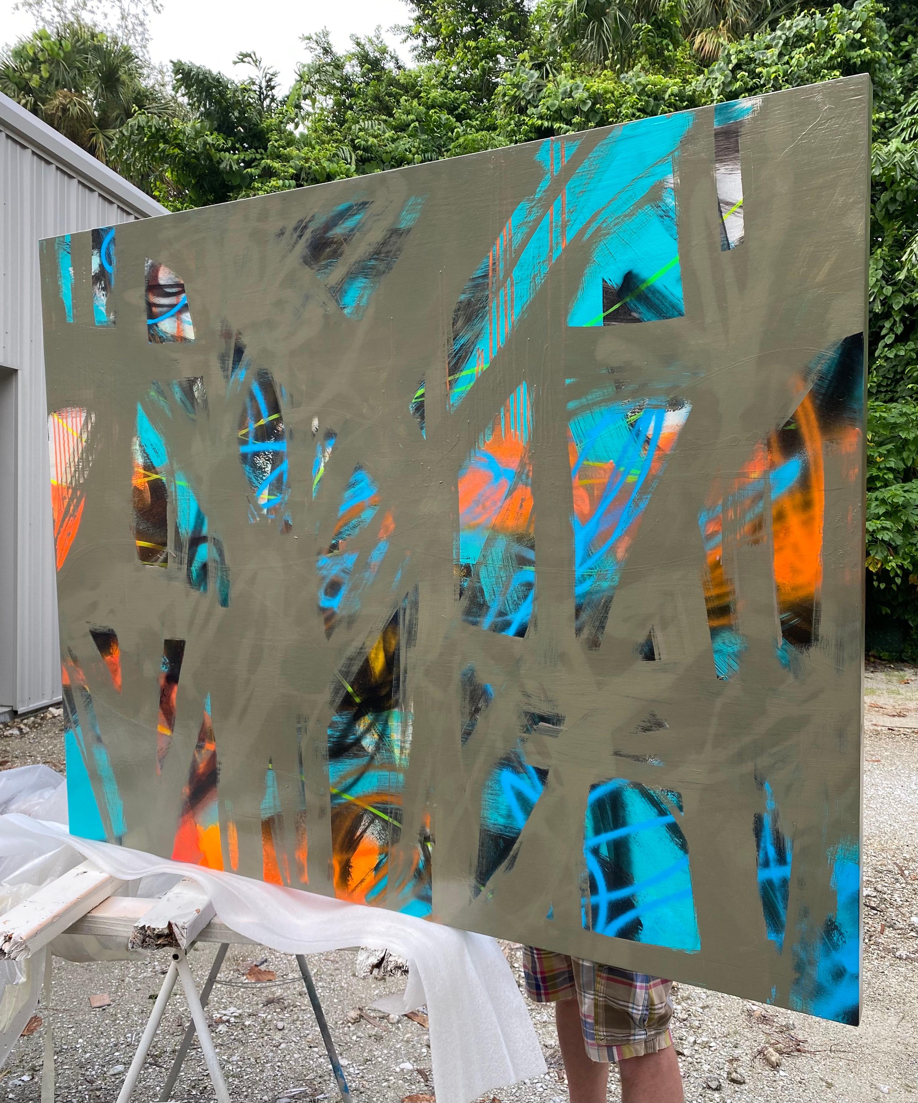 Öl und Sprühfarbe auf Holzplatte (Farben: teal schwarz orange hot pink blau)
Mirtha Moreno
Die abstrakt-expressionistische Künstlerin Mirtha Moreno wurde in den späten 70er Jahren in Havanna, Kuba, geboren, einer Zeit, die von religiöser und
